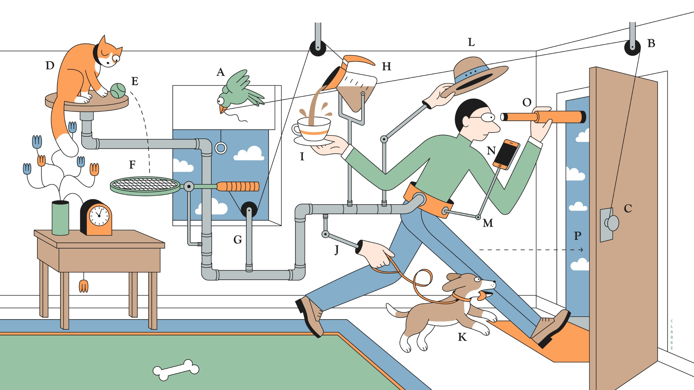 Abstract illustration of a man walking out the door while looking through a telescope.