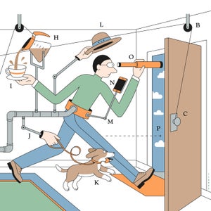 Abstract illustration of a man walking out the door while looking through a telescope.