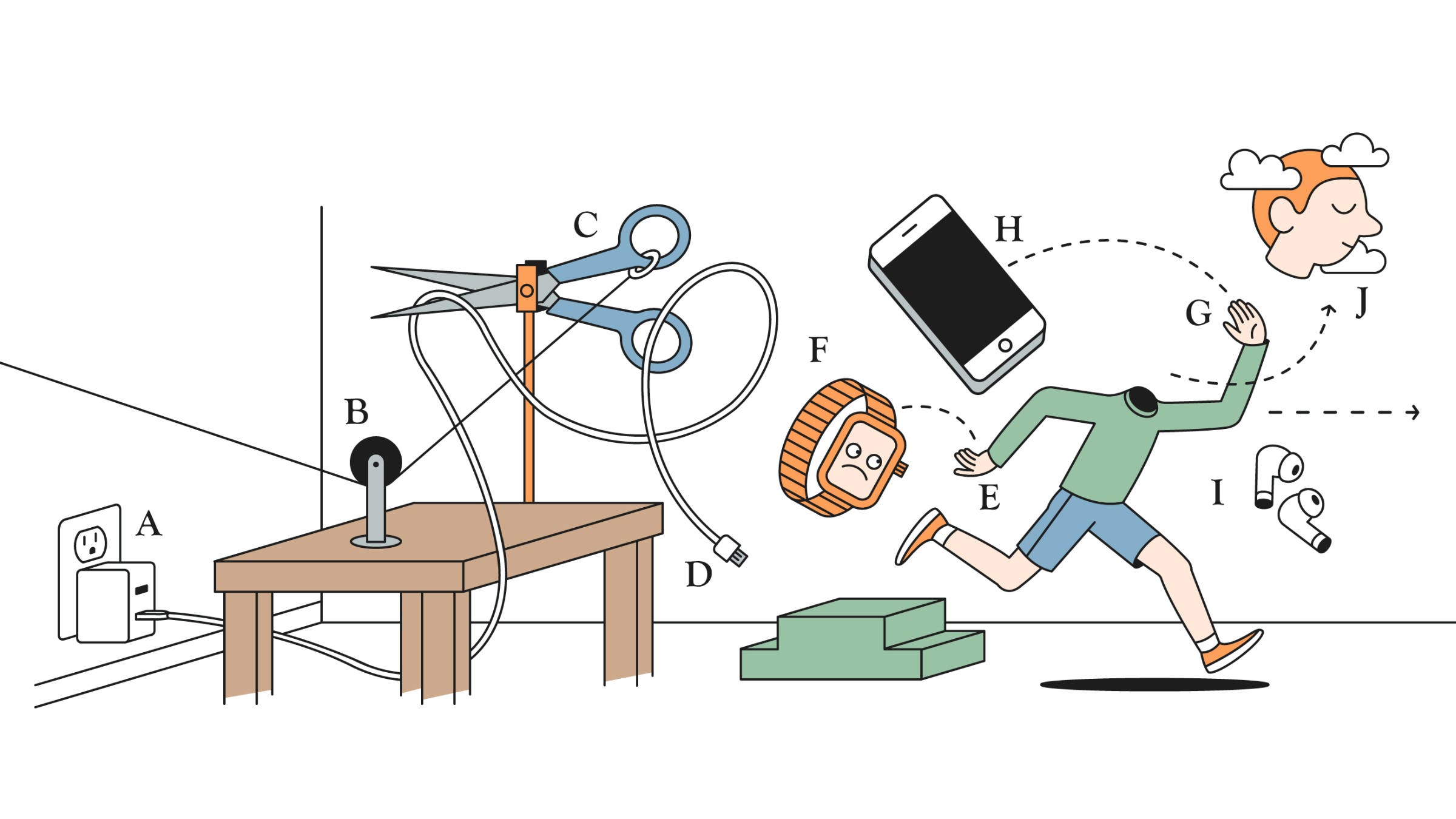 Abstract illustration of a person running and tossing their watch, phone, and own head away from themselves.
