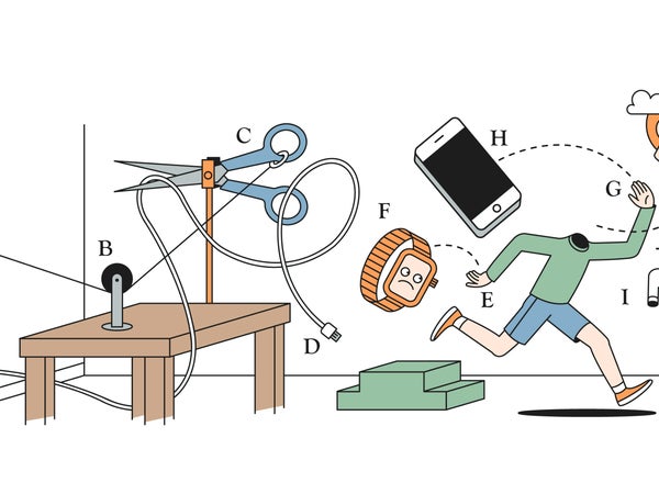 Abstract illustration of a person running and tossing their watch, phone, and own head away from themselves.
