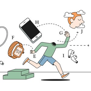 Abstract illustration of a person running and tossing their watch, phone, and own head away from themselves.