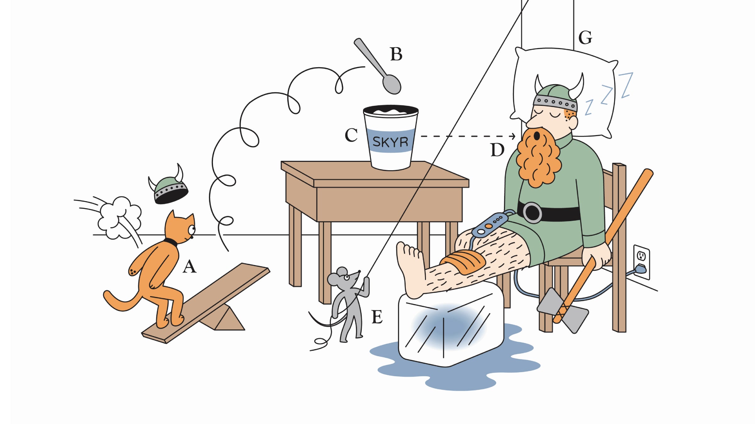 Abstract illustration of a Viking resting his leg on a block of ice.