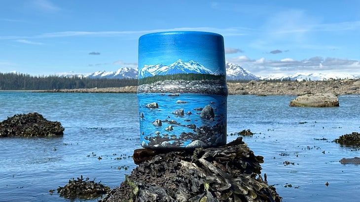  “Beartracks Bear Can” painted with acryclic on a decommissioned bear can found in Glacier Bay National Park