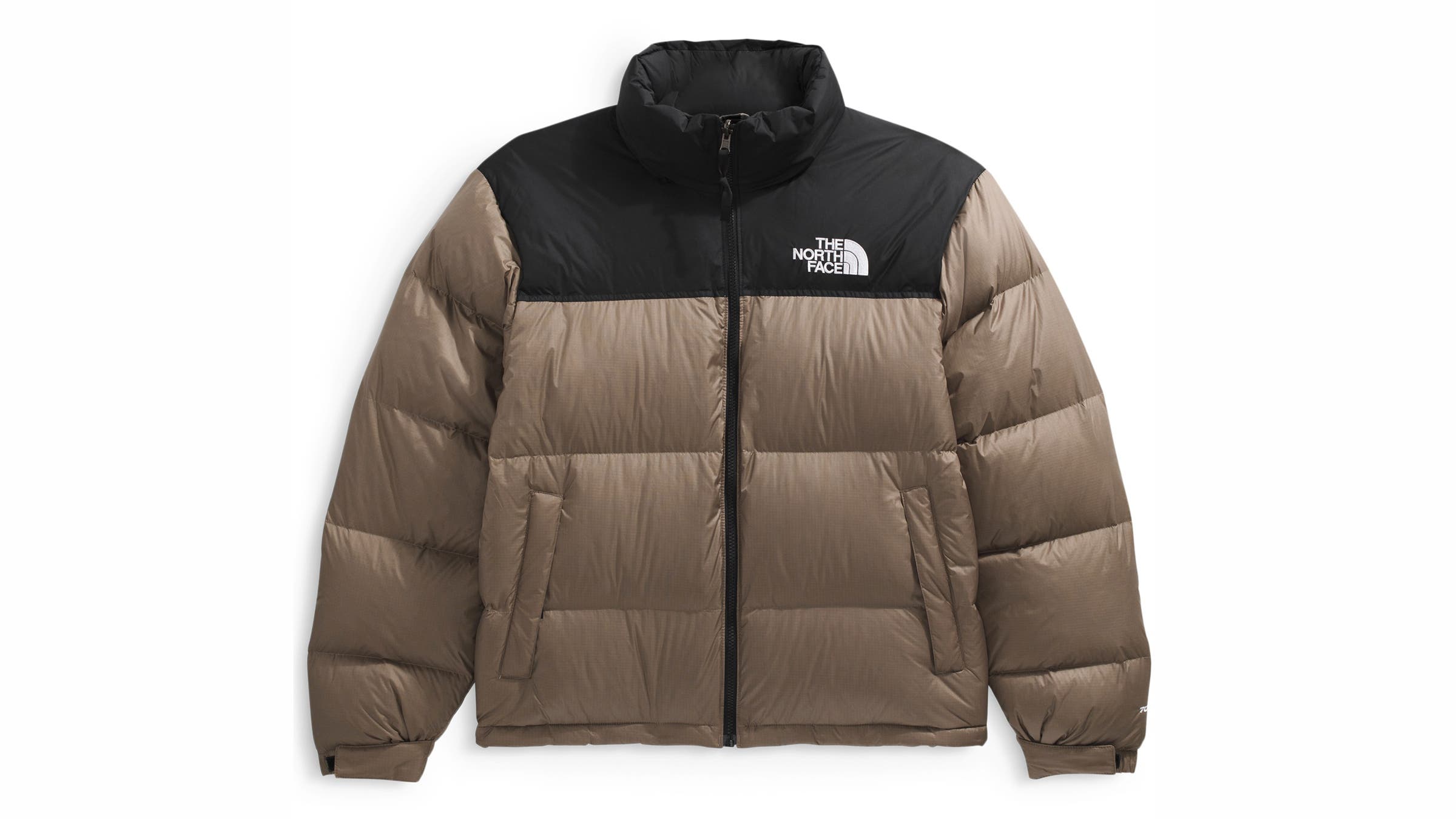 The North Face 1996 Retro Nuptse puffy jacket brown on white background.