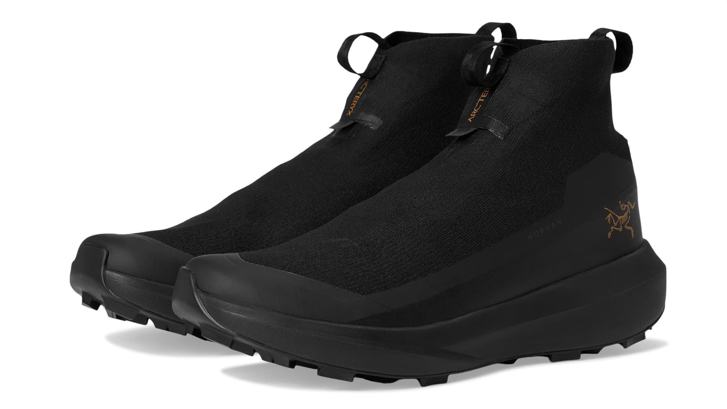 Arc'teryx Nivalis winter running shoe high-top black on white background.