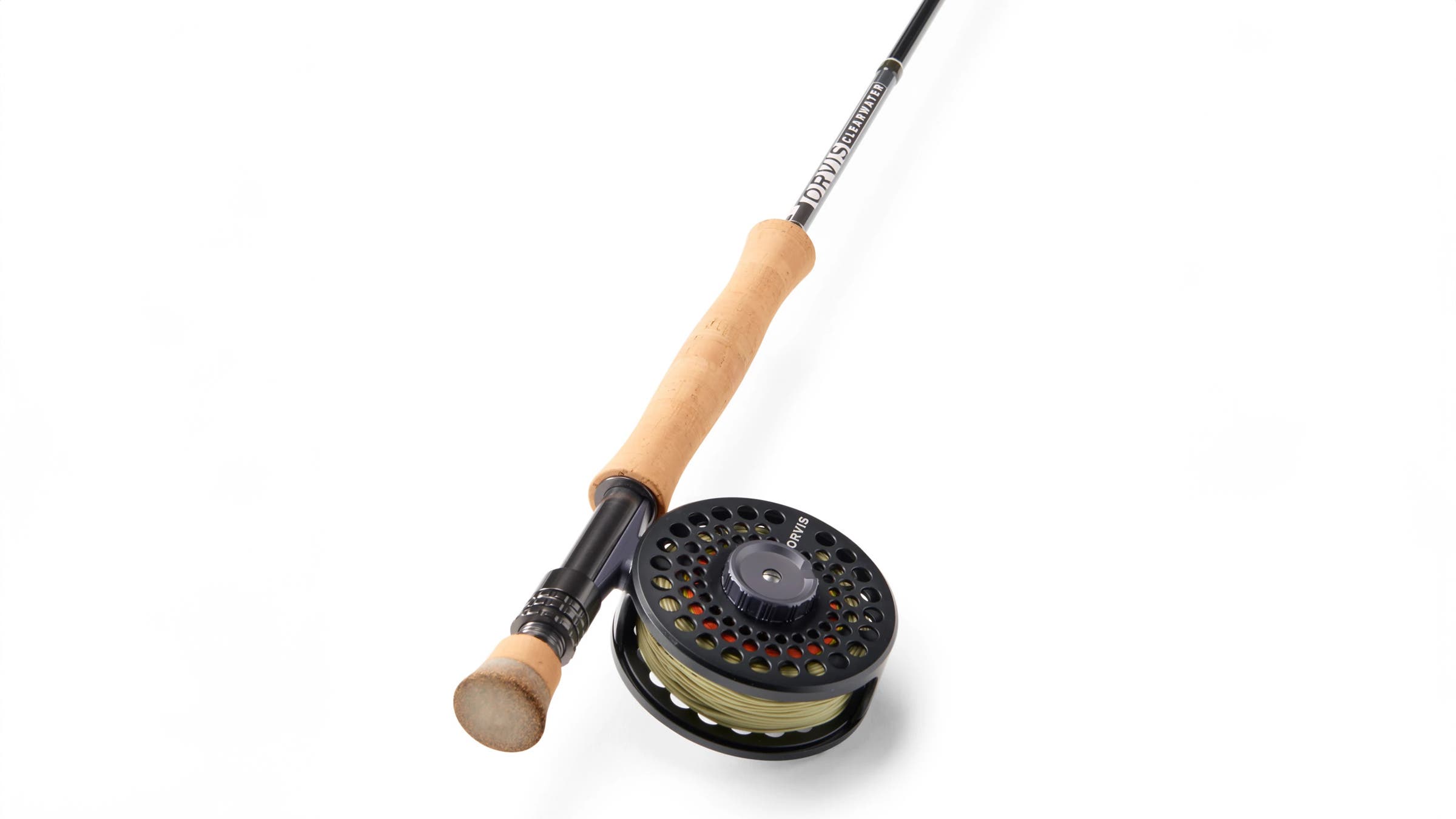 Clearwater 8-Weight 9’ Fly Rod Saltwater Outfit fishing rod and fly reel with durable fly rod, cork handle, and large-arbor reel spooled with fly line, designed for saltwater fly fishing and shown on a white background.