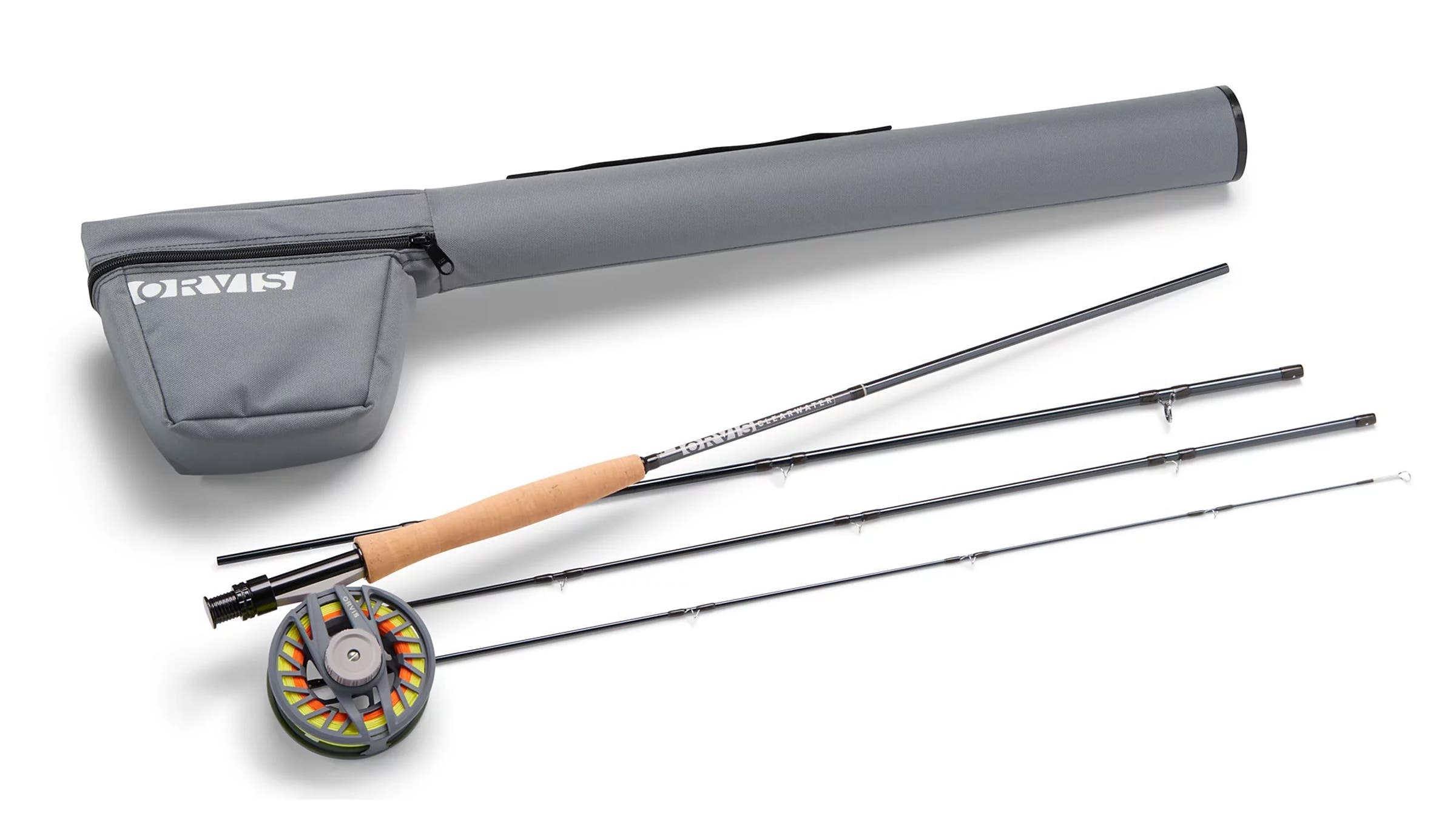 Clearwater Fly Outfit – 5-weight, 9’ fishing rod and fly reel combo with a sleek fly rod, cork handle, and pre-rigged reel, designed for versatile freshwater fly fishing and shown as a complete ready-to-fish setup.