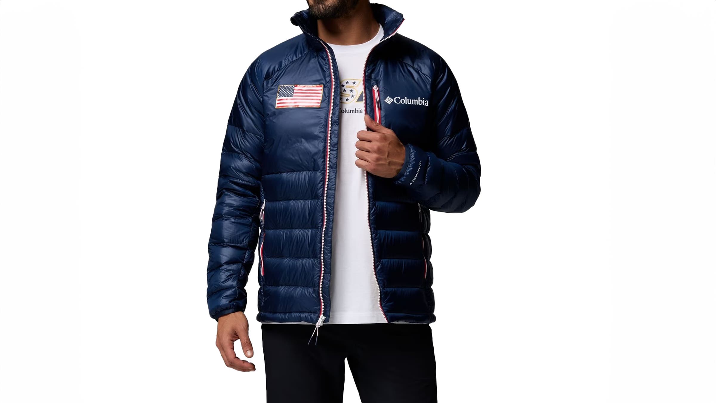 Columbia Sportswear USA puffy jacket for U.S. Winter Olympics on white background.