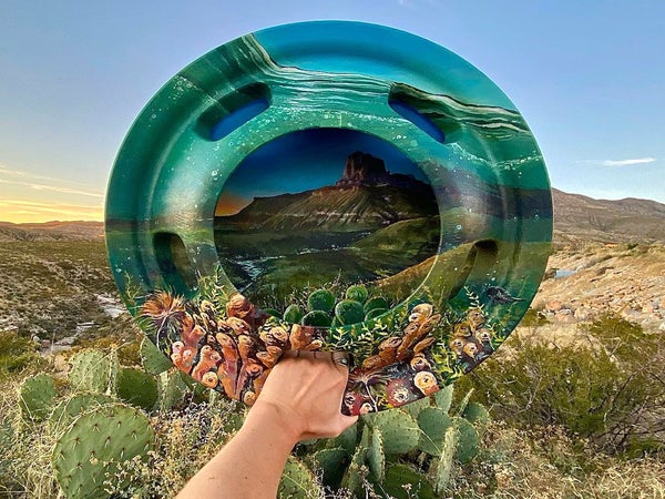 “El (Hub)Capitan” is an acrylic painting on a truck hubcap found on the side of the highway that parallels the Guadalupe Mountains National Park