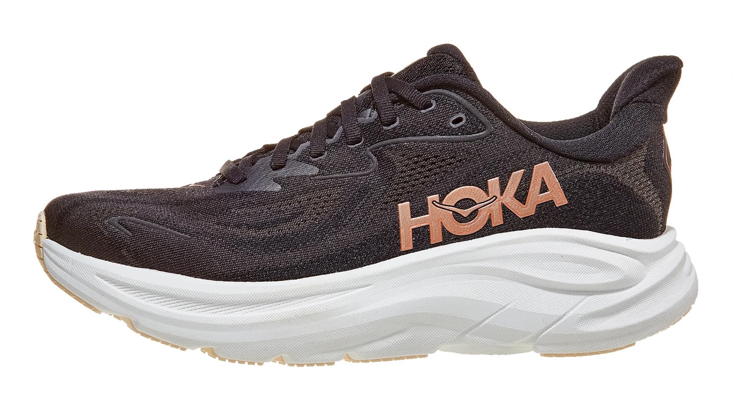 Hoka Clifton 10 black running shoes on white background.