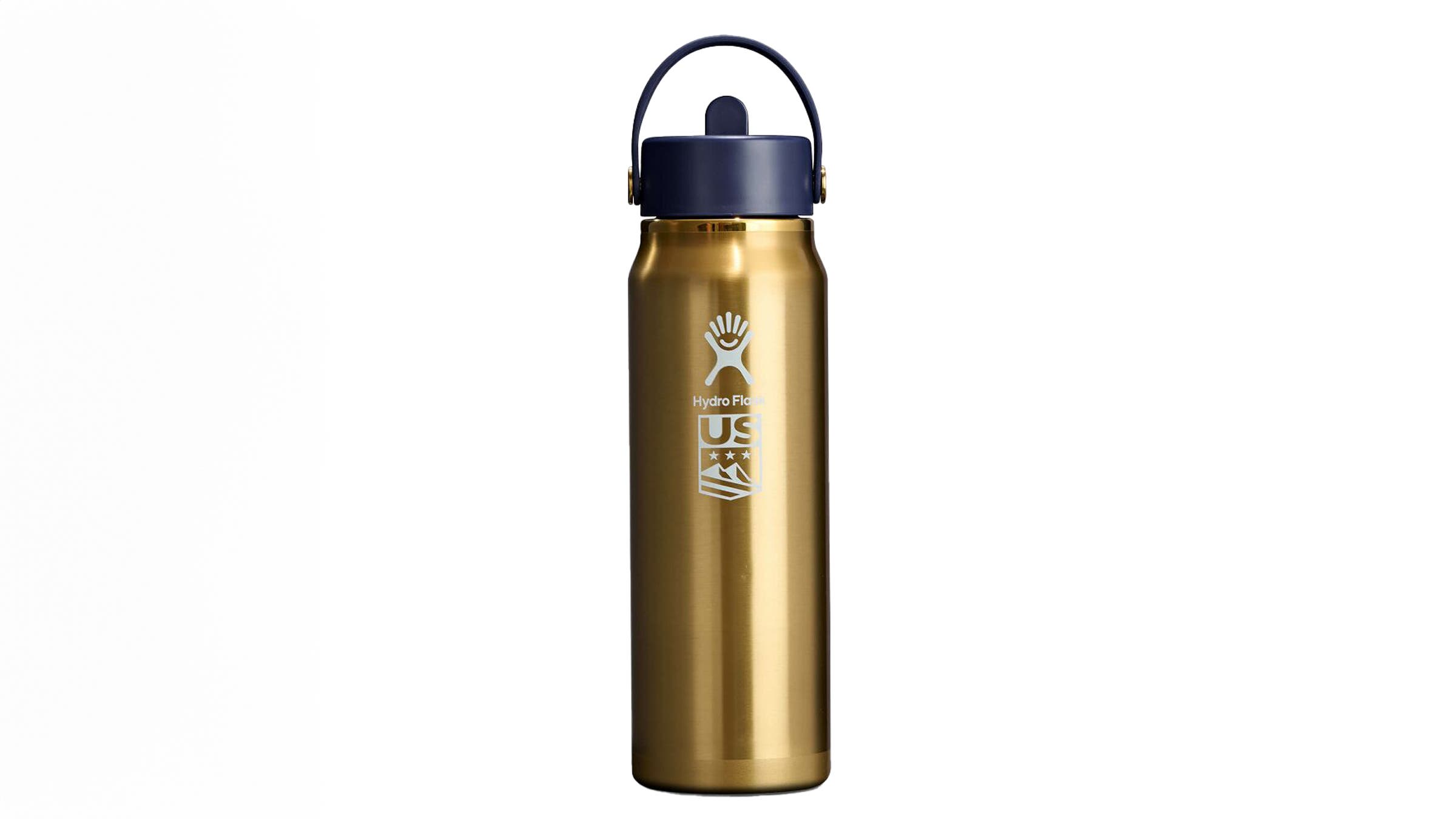 Hydro Flask U.S. Snowboard Limited Edition gold water bottle for U.S. Olympic Team on white background.