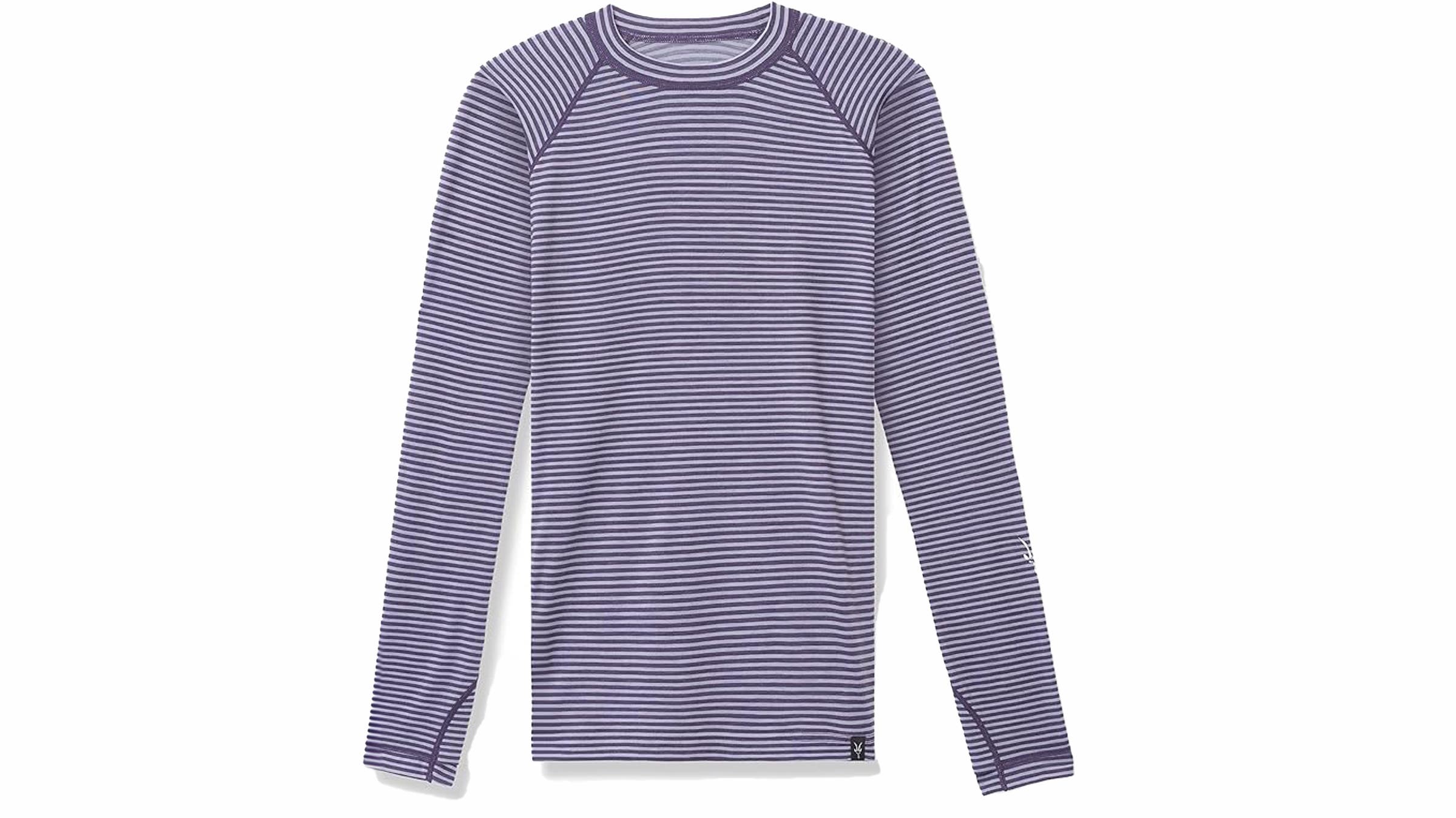 Ibex Pro Tech Woolie Crew long-sleeve running layer featuring purple and gray horizontal stripes, lightweight merino wool fabric, crew neckline, and raglan sleeves designed for breathable performance and comfort.