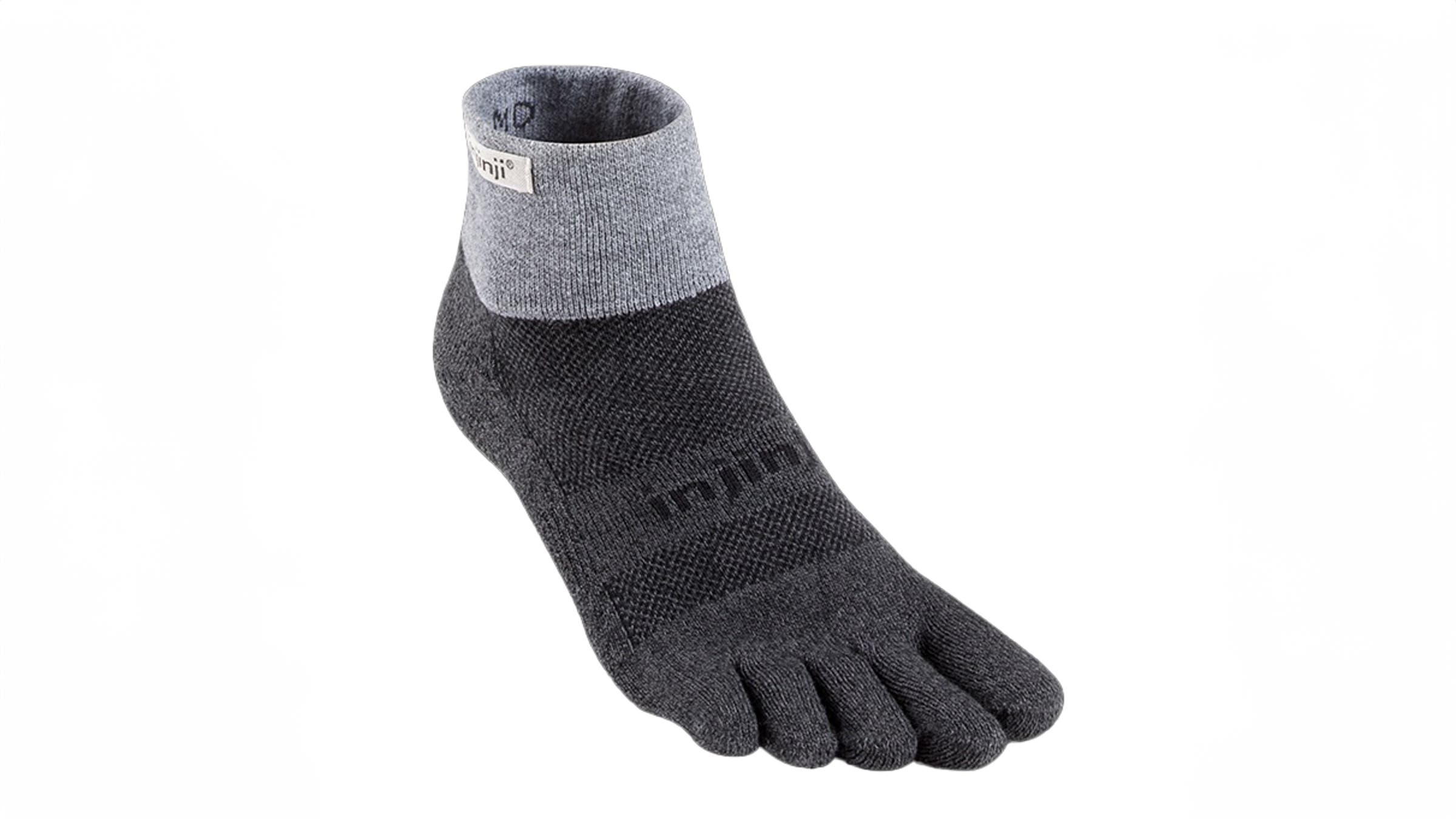 Injinji Mini-Crew Midweight Padded trail and running sock on white background.