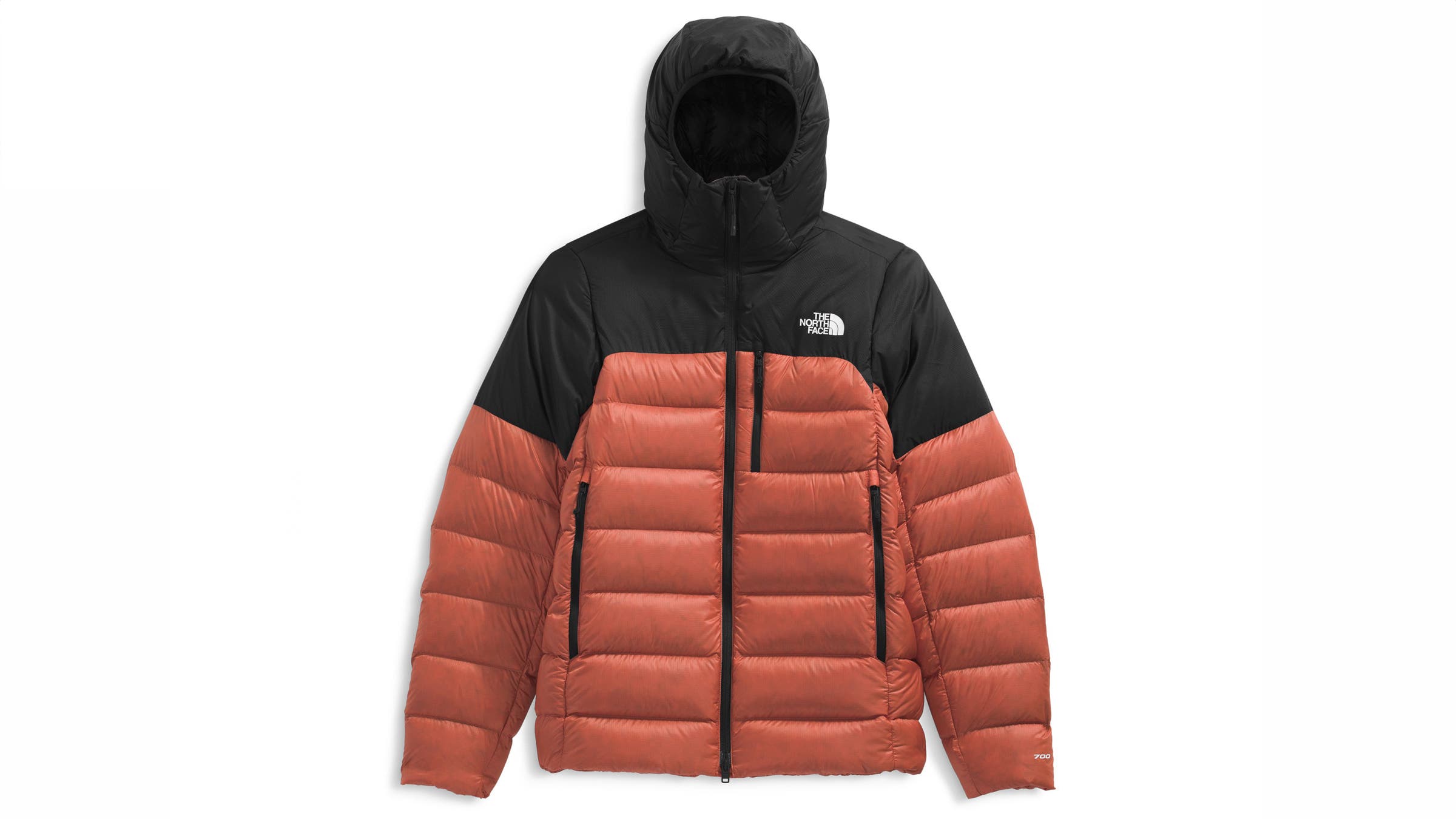 The North Face Kalix Hoodie puffy jacket orange and black on white background.