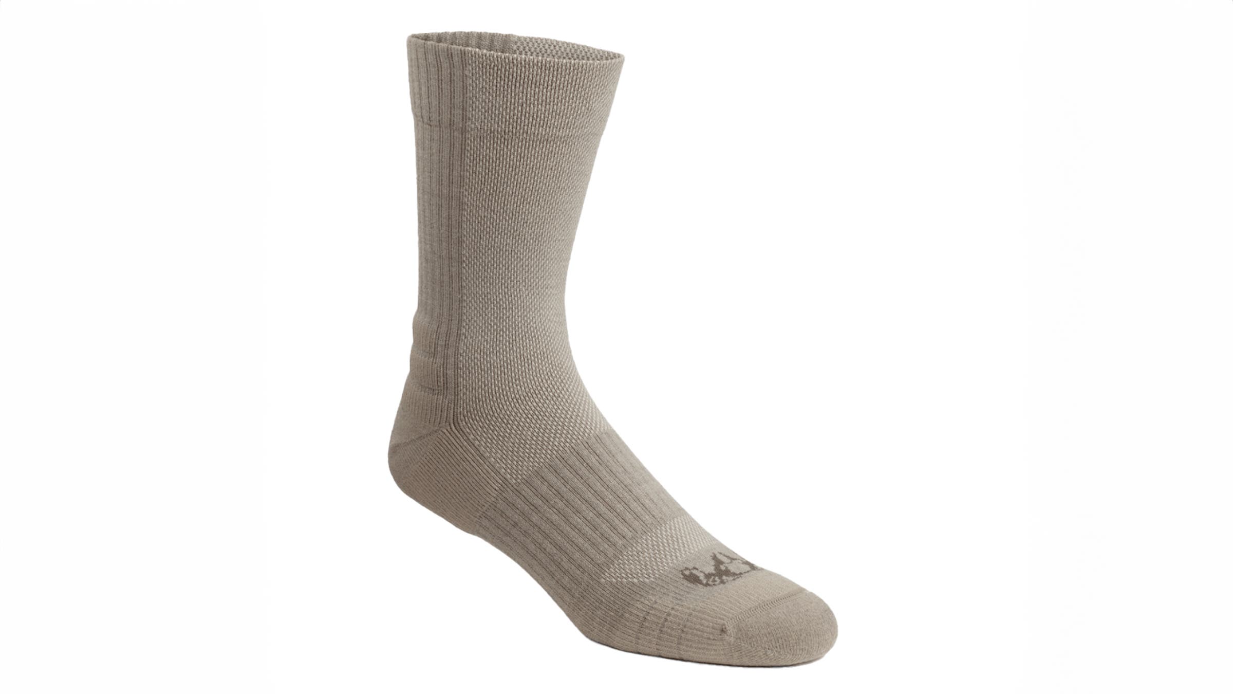 Kuiu Lightweight Performance running sock tan on white background.