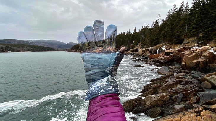  “Lend a Hand” acrylic on work glove found and painted during Reading’s residency at Acadia National Park
