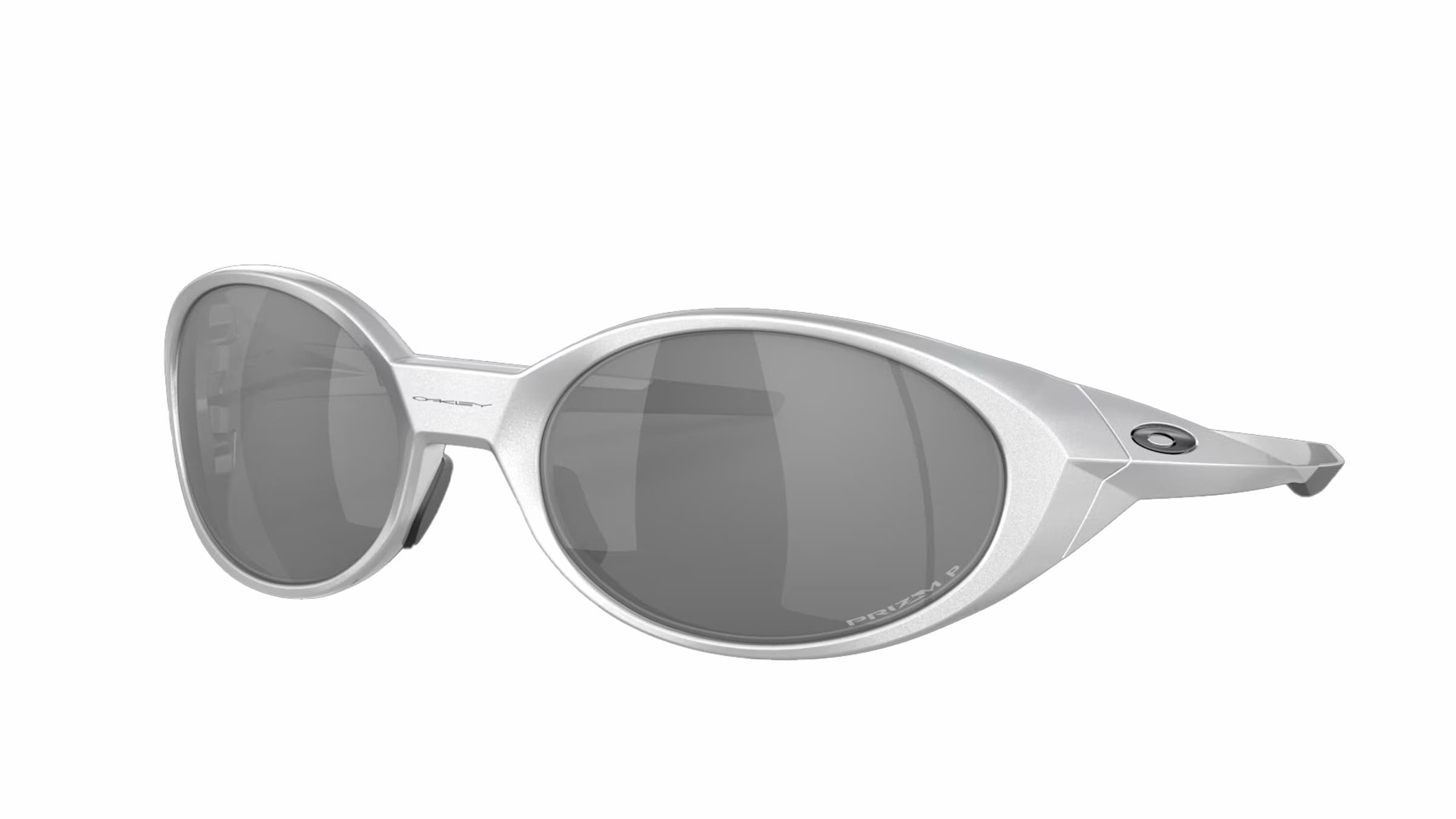 Oakley Eye Jacket 90s sunglasses with a sleek silver wraparound frame, oval lenses, and a futuristic retro sport design inspired by late-90s performance eyewear.