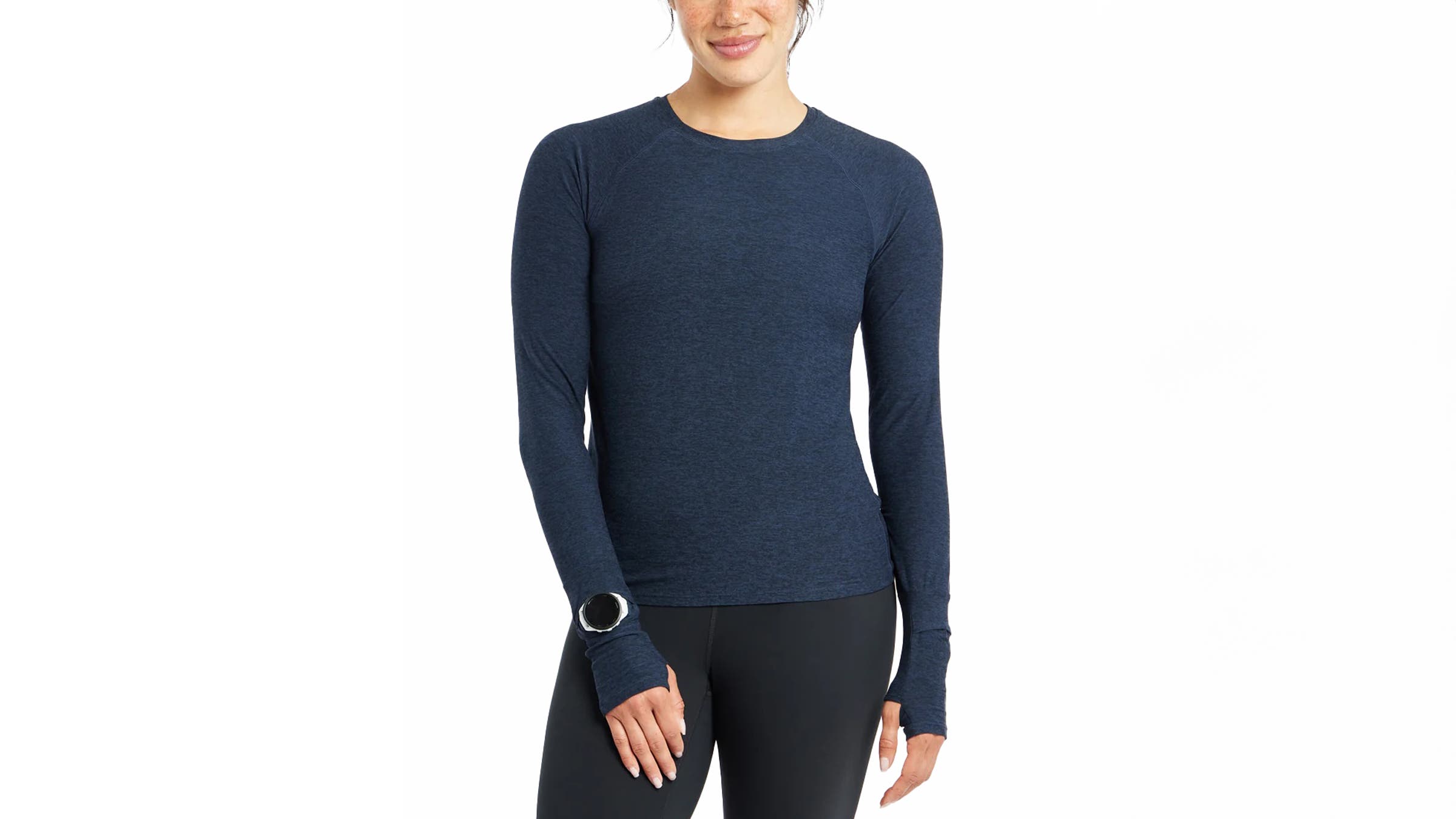 Oiselle Lite Lux Longsleeve running layer in deep navy, featuring a soft lightweight performance fabric, crew neckline, long sleeves with thumbholes, and a streamlined athletic fit designed for comfortable everyday runs and layering.