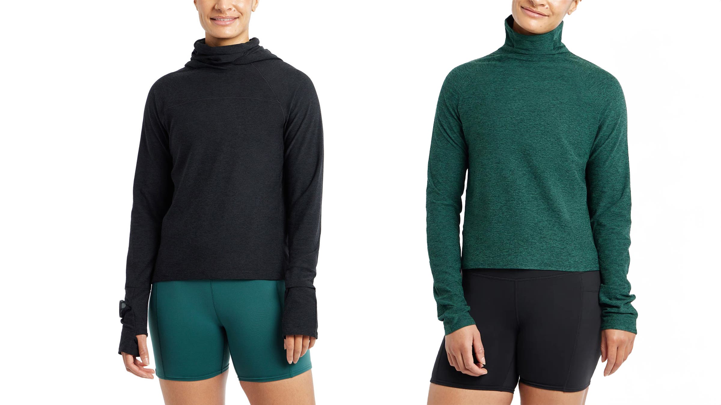 Oiselle Highline Hoodie and Oiselle Lux Mock Neck running midlayers green and blue on white background.