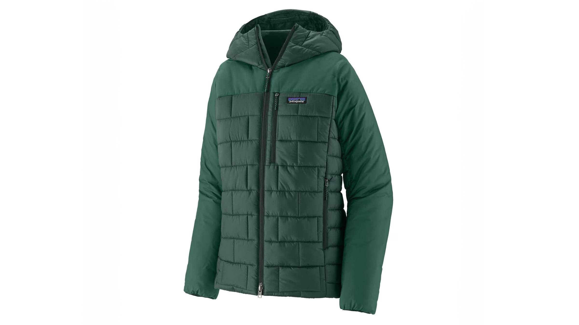Patagonia Nano Puff Hi-Loft water resistant green winter jacket on white background.