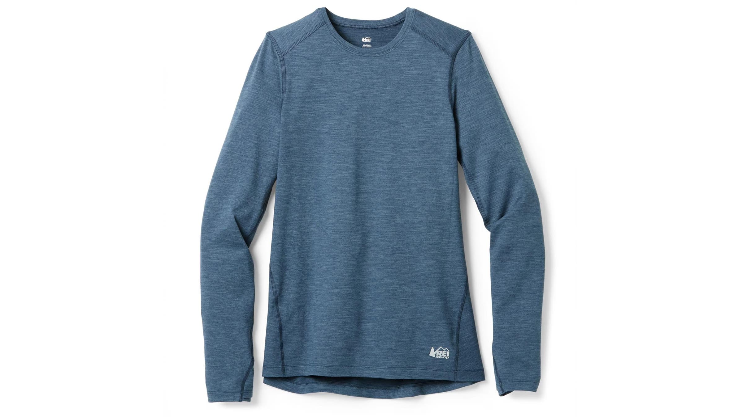 REI Midweight Base Layer top blue on white background.