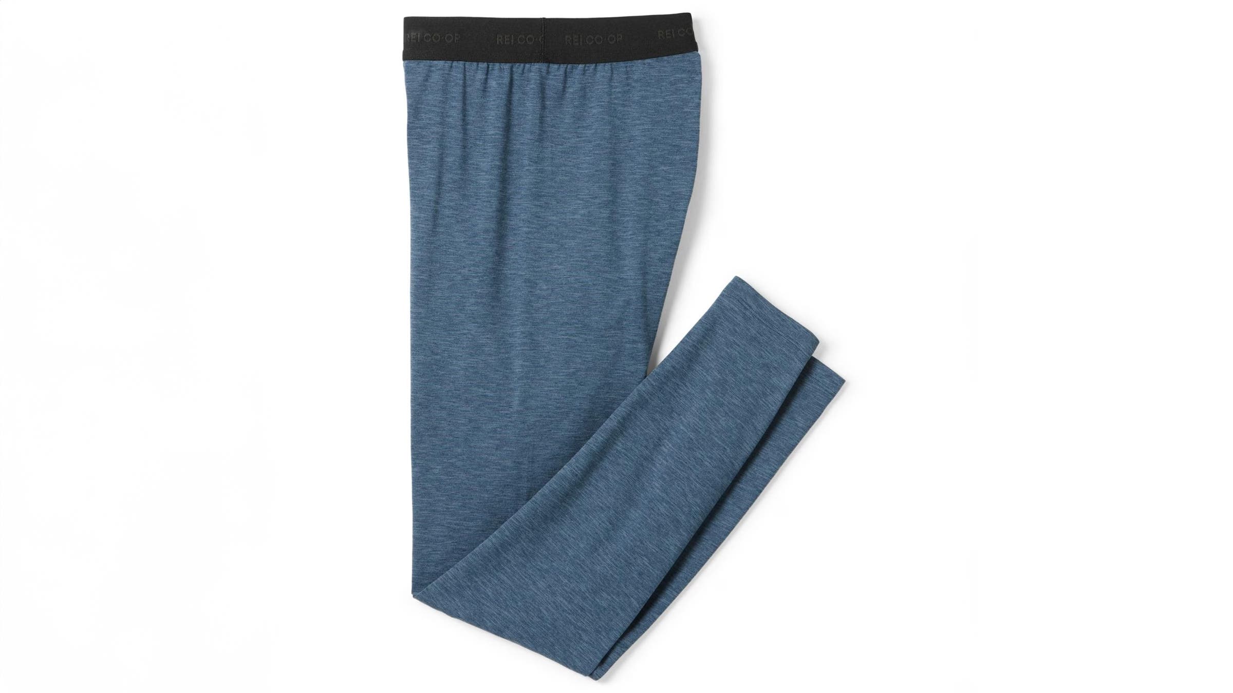 REI Midweight Base Layer tights blue on white background.