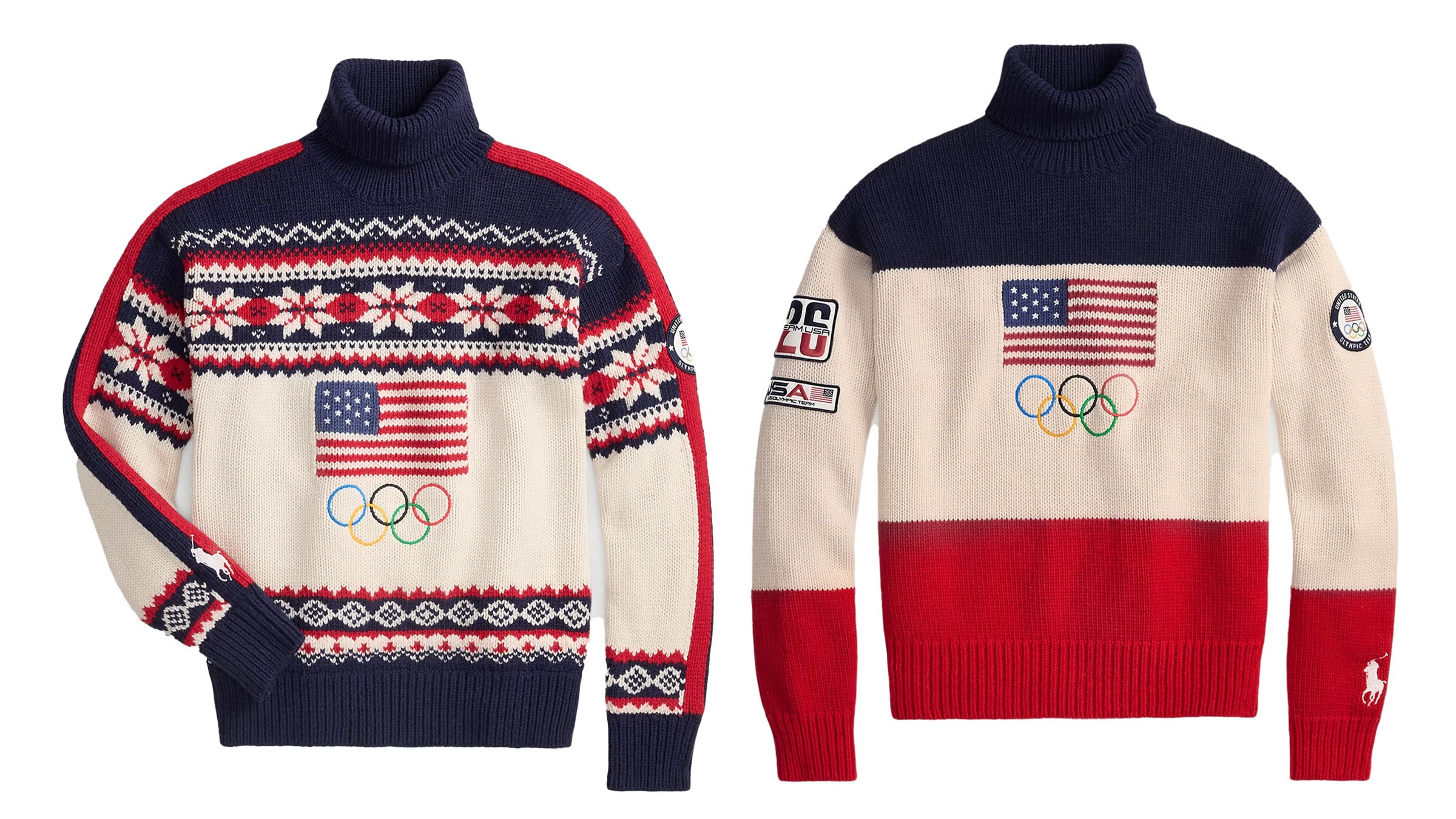 Ralph Lauren x Milano Cortina sweaters for U.S. Winter Olympic team on white background.