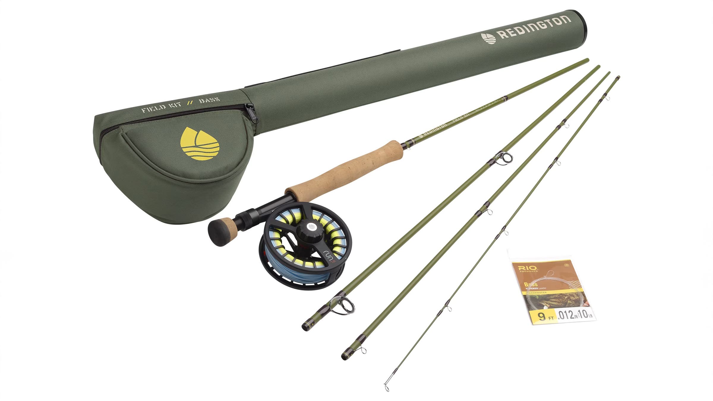Redington Field Kit – Bass 790-4 fishing rod and fly reel set with four-piece olive rod sections, cork handle, pre-spooled fly reel, green protective rod tube, and leader packet, displayed on a white background.