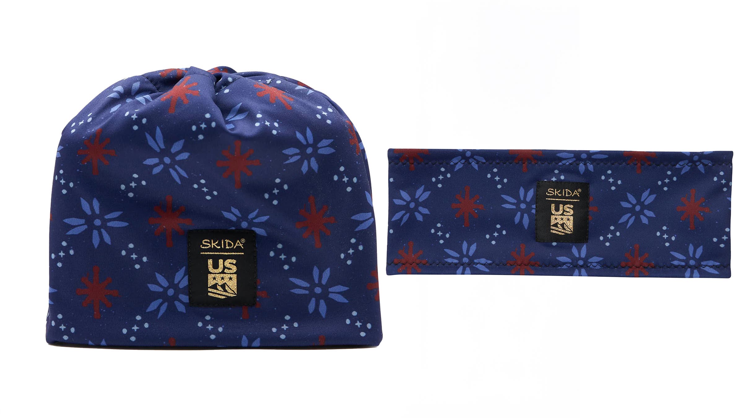 Skida x U.S. Ski and Snowboard Team hat and ear cover U.S. Winter Olympic gear on white background.