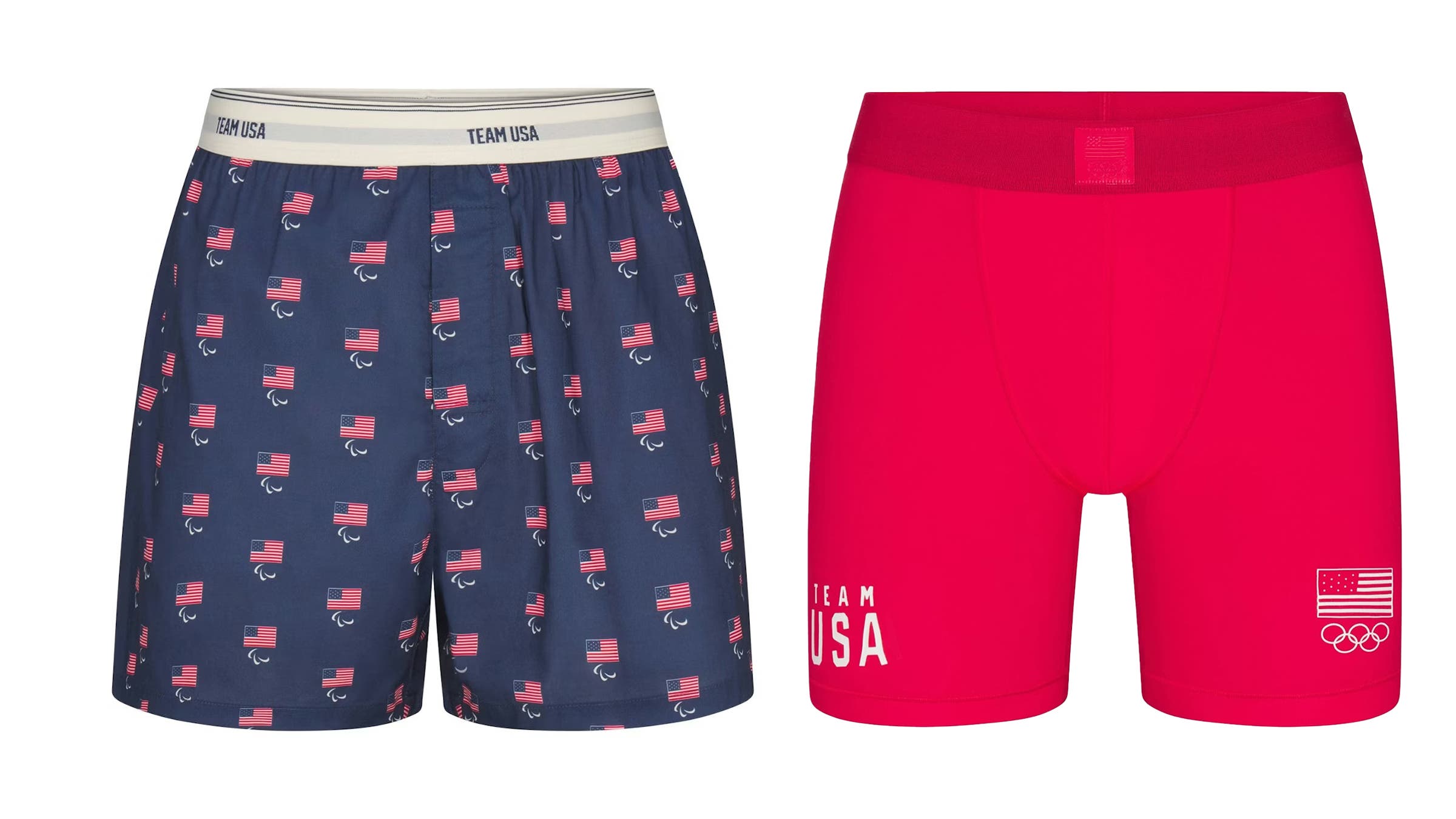 Skims U.S. Winter Olympic gear boxers and briefs on white background.