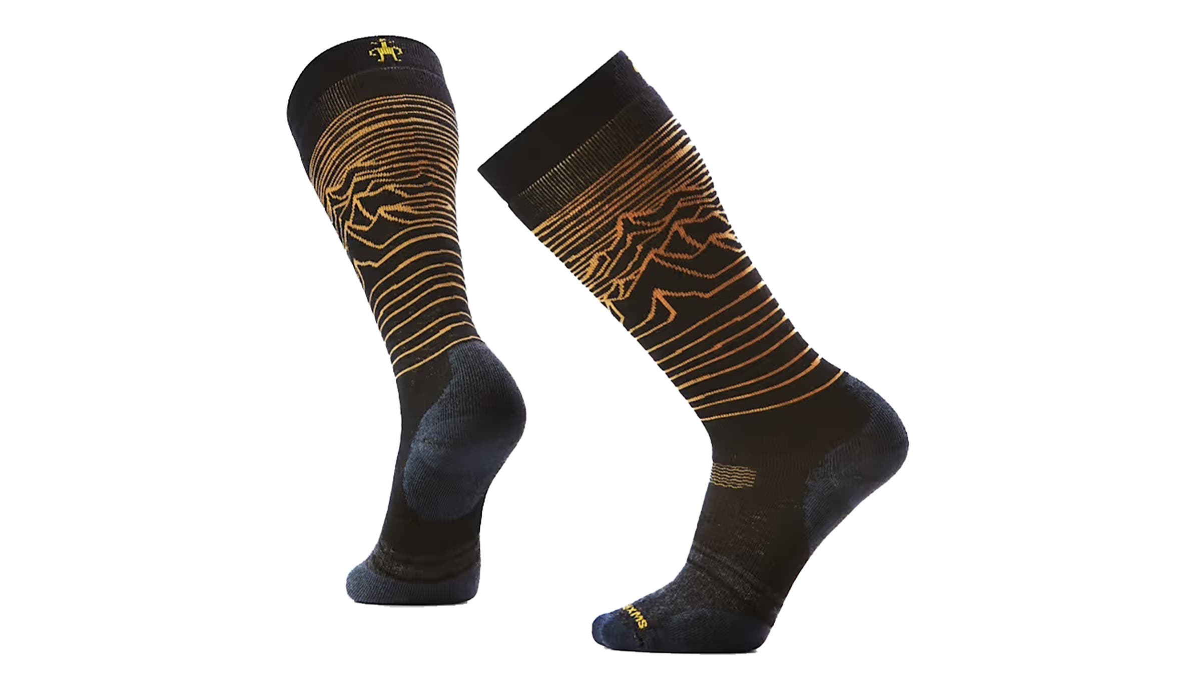 Smartwool Over-the-Calf Snowboarding Socks featuring a metallic gold topographical mountain design and horizontal stripes.