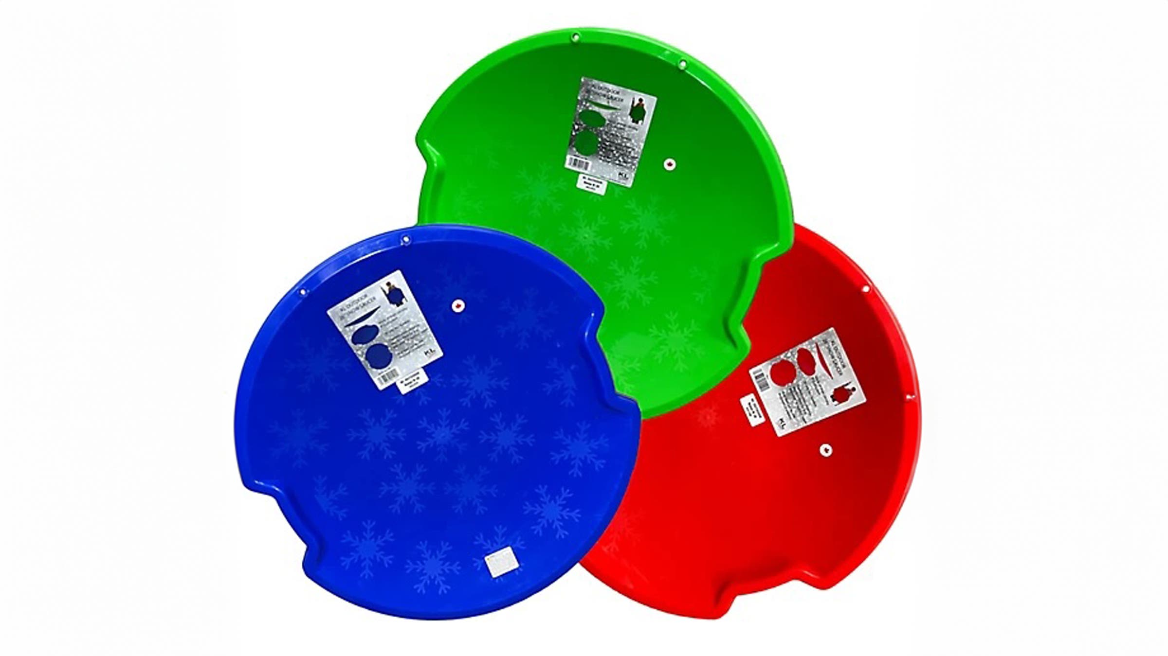 Tri-color Sun Dolphin Snow Saucer for sledding on white background.