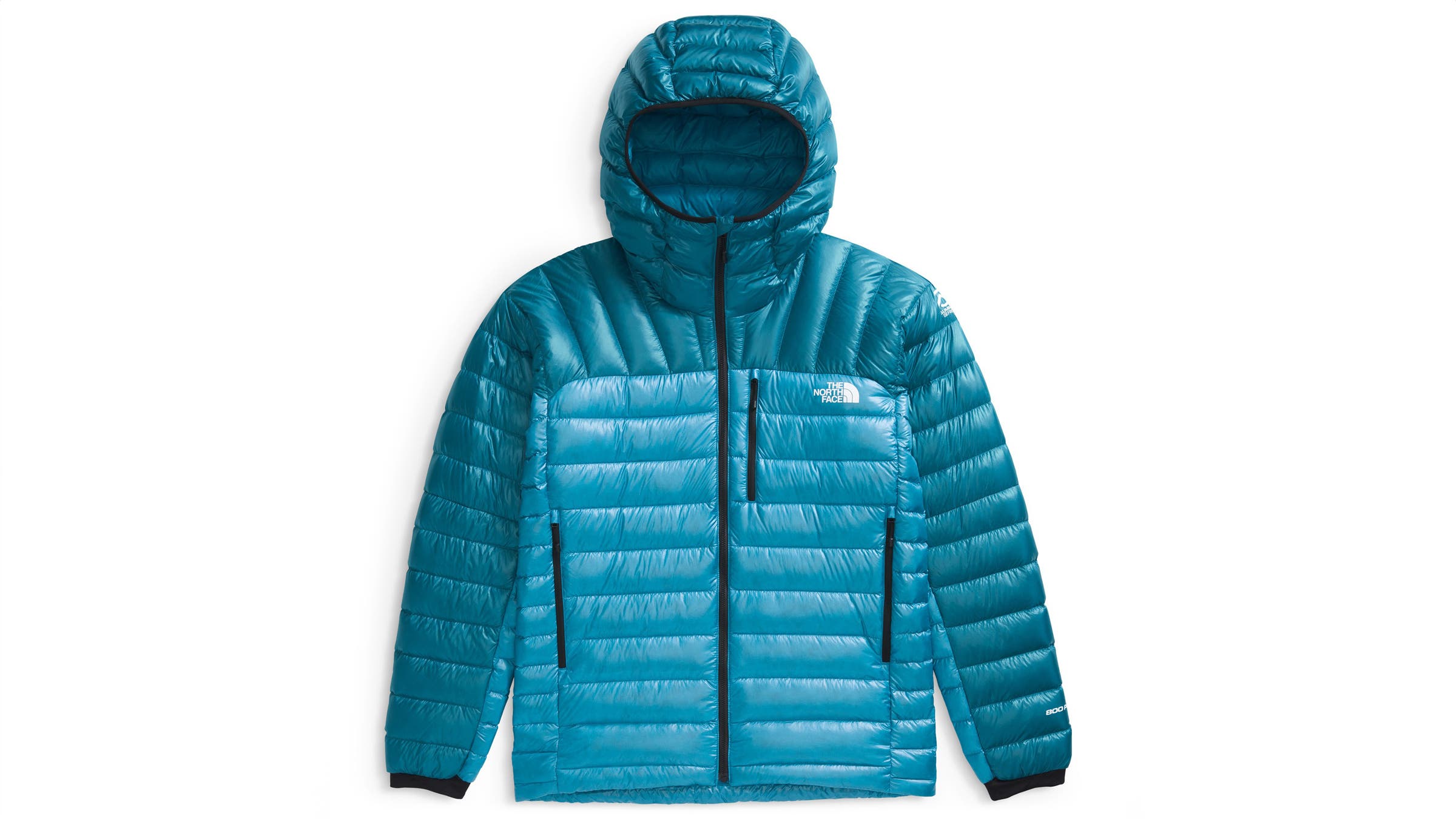 The North Face Summit Series Breithorn Hoodie puffy jacket blue on white background.