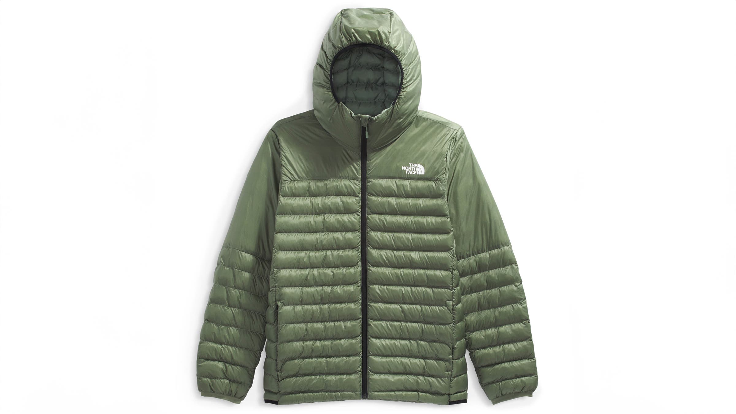 The North Face Terra Peak Hoodie puffy jacket green on white background.