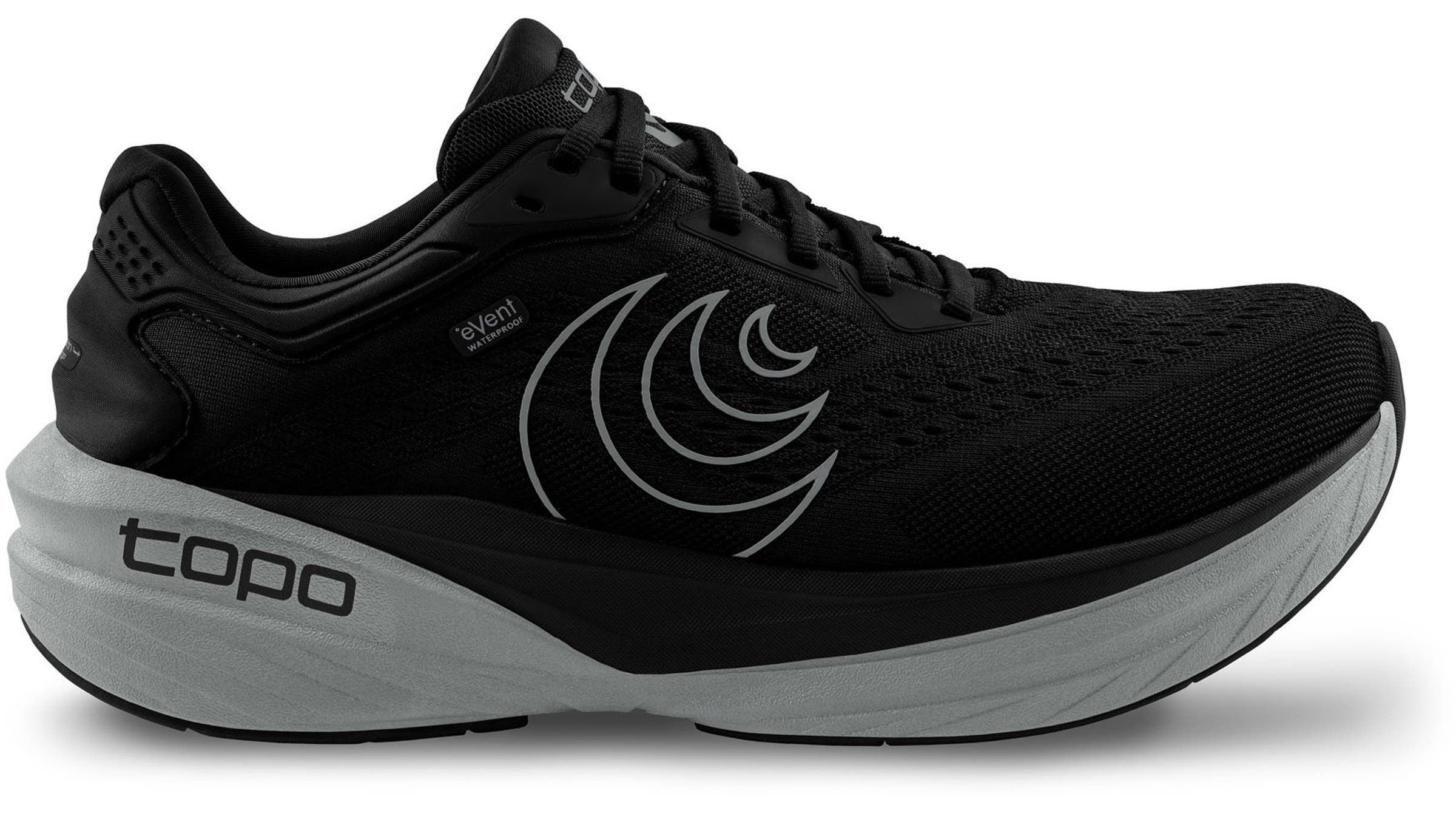 Topo Athletic Phantom 4 waterproof winter running shoe black on white background.
