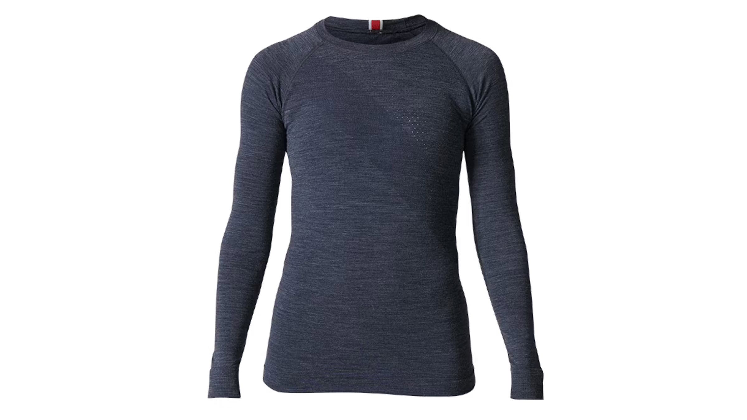 Tracksmith Brighton Baselayer long-sleeve running layer in dark heathered navy, featuring a streamlined athletic fit, lightweight merino blend fabric, crew neckline, and raglan sleeves for breathable, cold-weather performance.