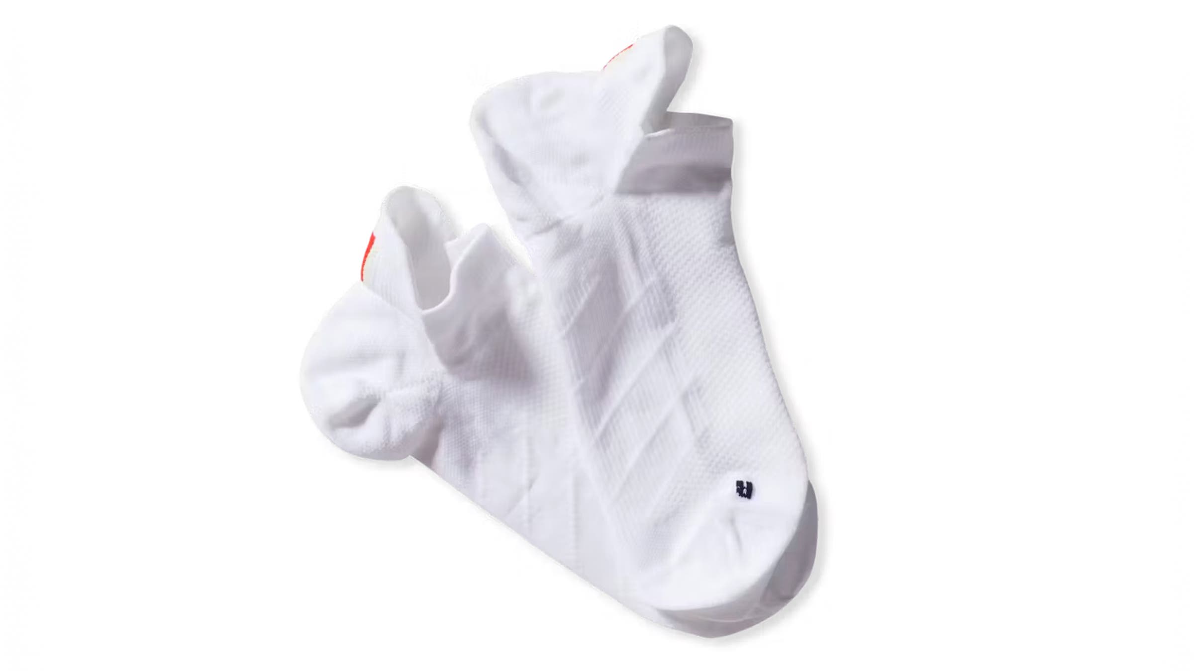 Tracksmith Speed No Show running sock white on white background.