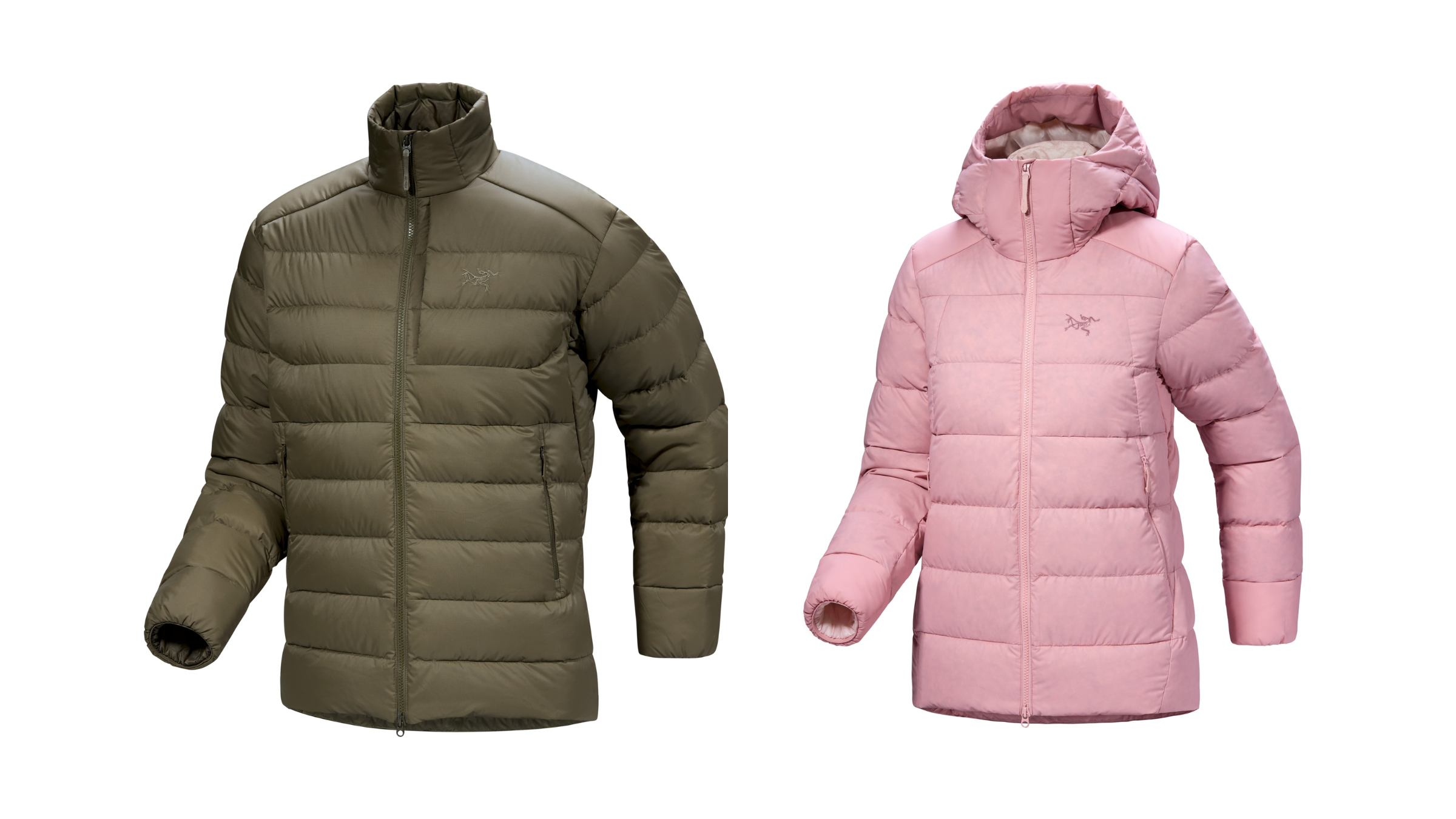 Left: Arc'teryx Thorium Down Jacket - Men's in forest green. Right: Arc'teryx Thorium Down Hoody - Women's in light pink