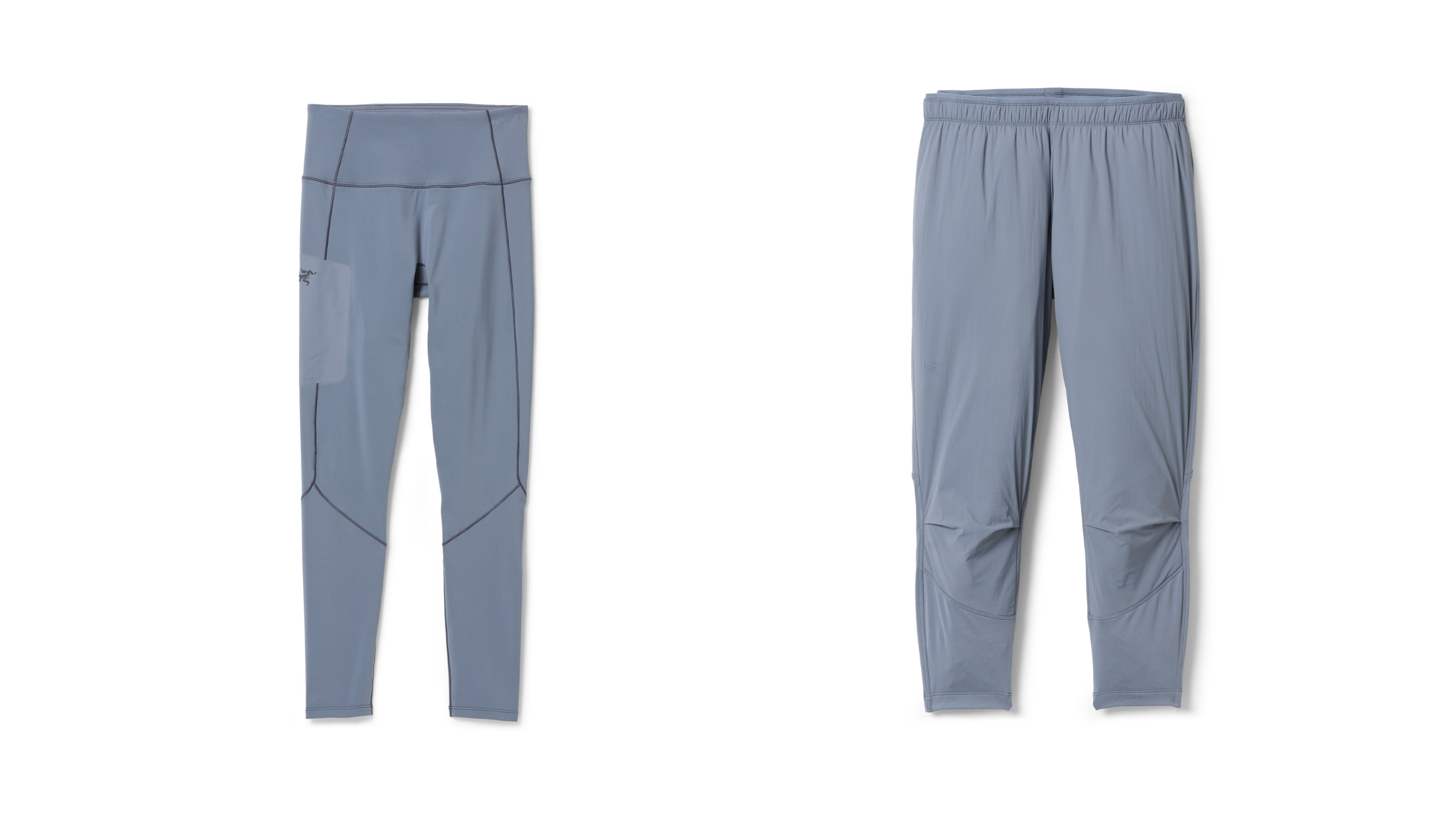 Left: Women's Arc'teryx Rho Base Layer Bottoms in light blue. Right: Men's Arc'teryx Rho Insulated 3/4 Base Layer Bottoms in light blue.