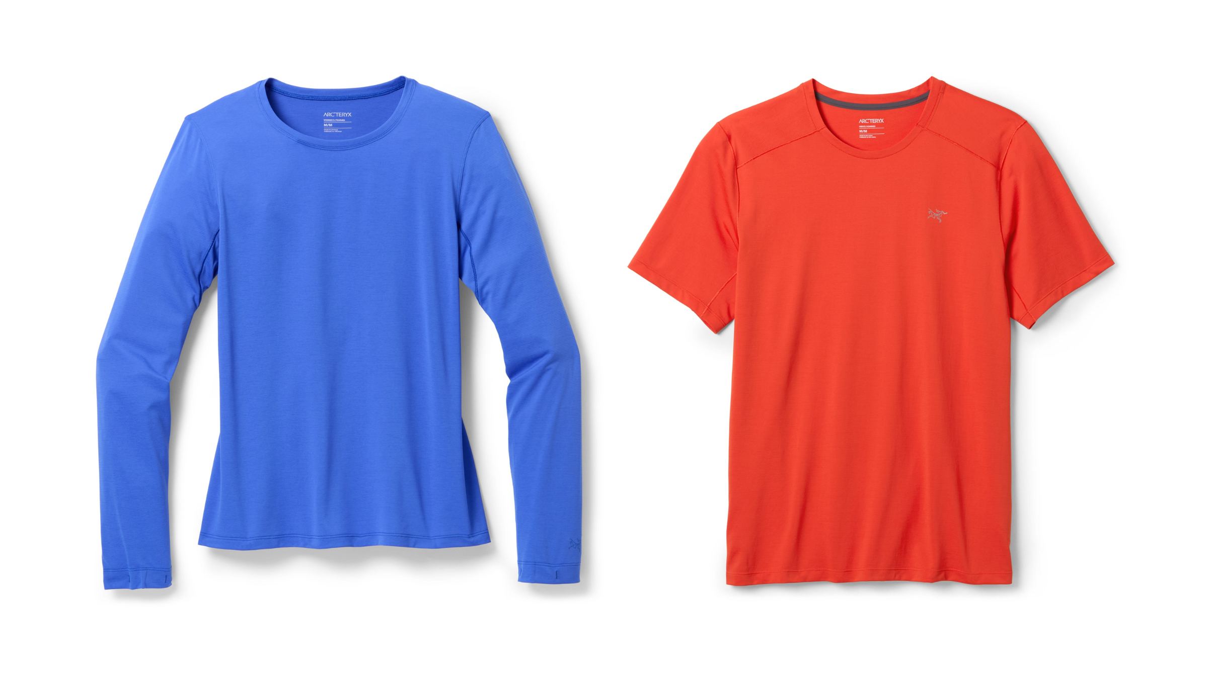 Left: Arc'teryx Taema Crew Long-Sleeve Shirt - Women's, in bright blue. Right: Arc'teryx Cormac Crew Neck Shirt - Men's in bright red.