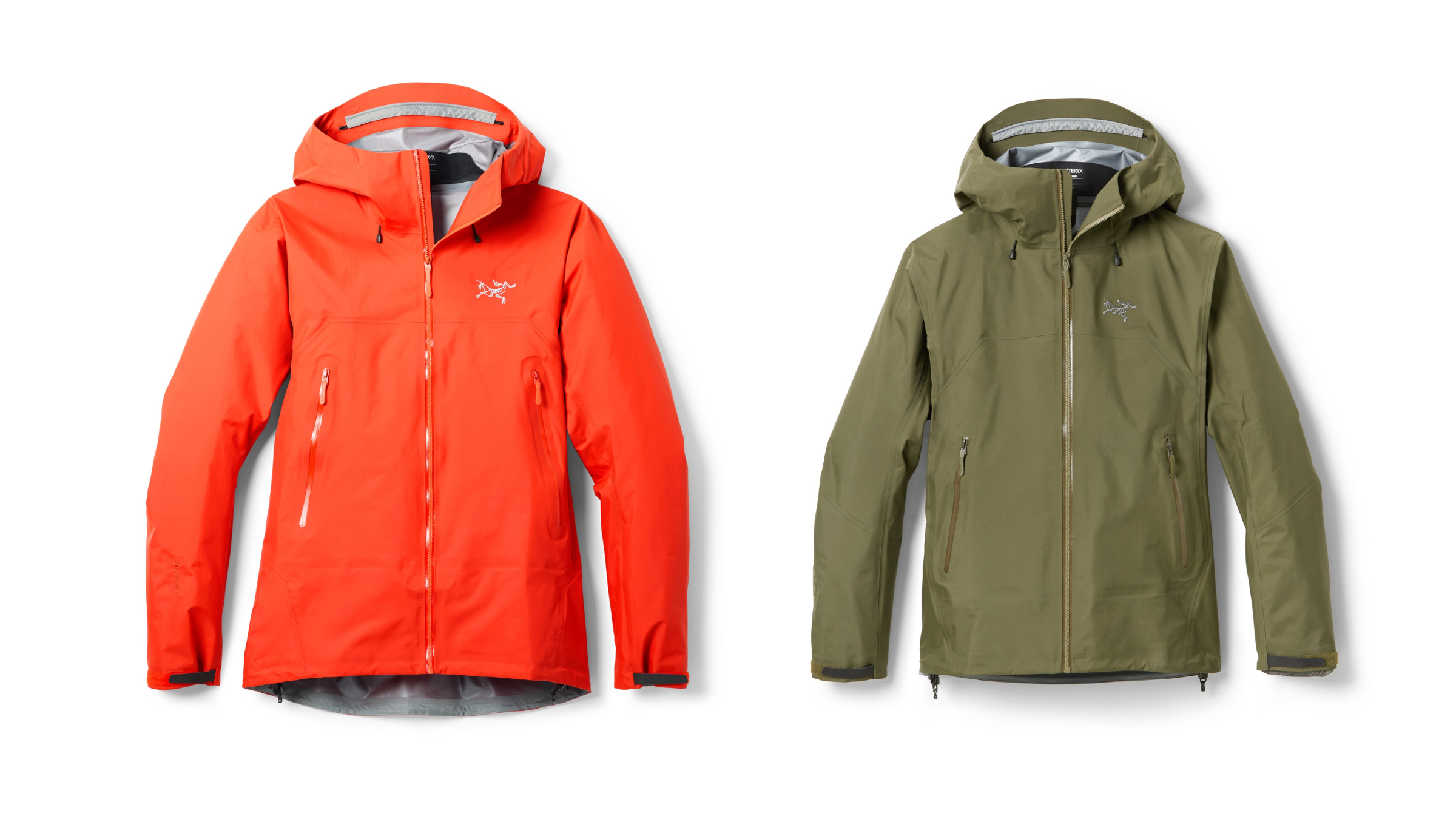 Left: Arc'teryx Beta SL Men's Jacket in bright red. Right: Arc'teryx Beta SL Women's Jacket in olive green