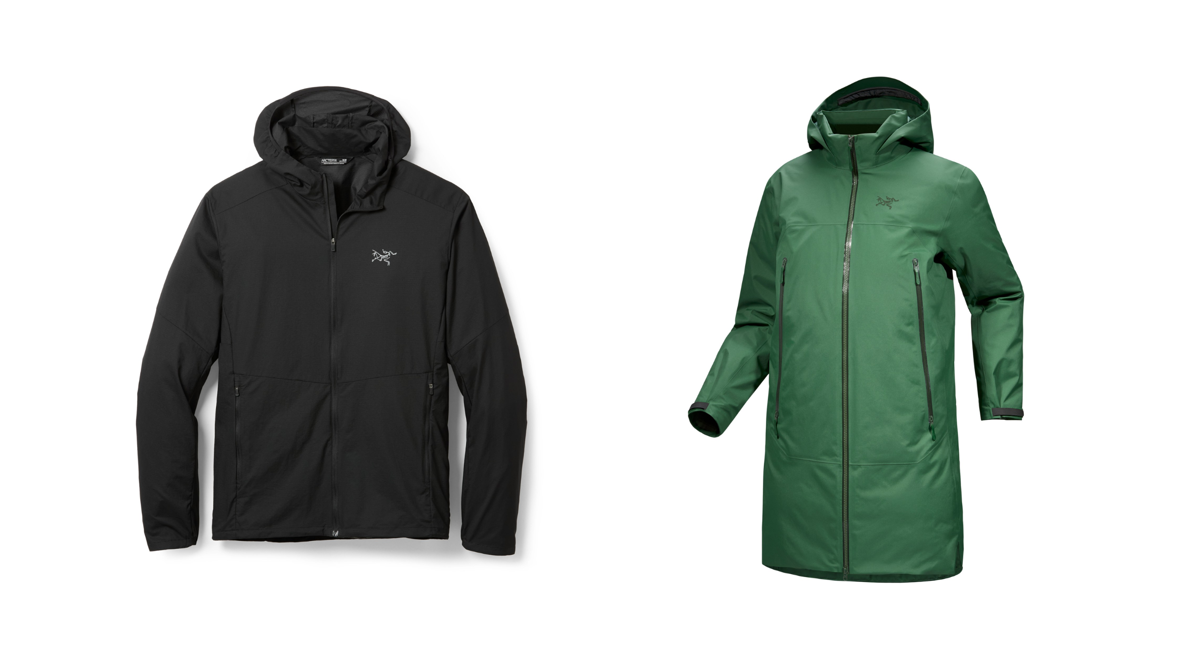 Left: Arc'teryx Incendo Airshell Hoodie - Men's, shown in black. Right: Arc'teryx Beta Down Parka - Women's, shown in green