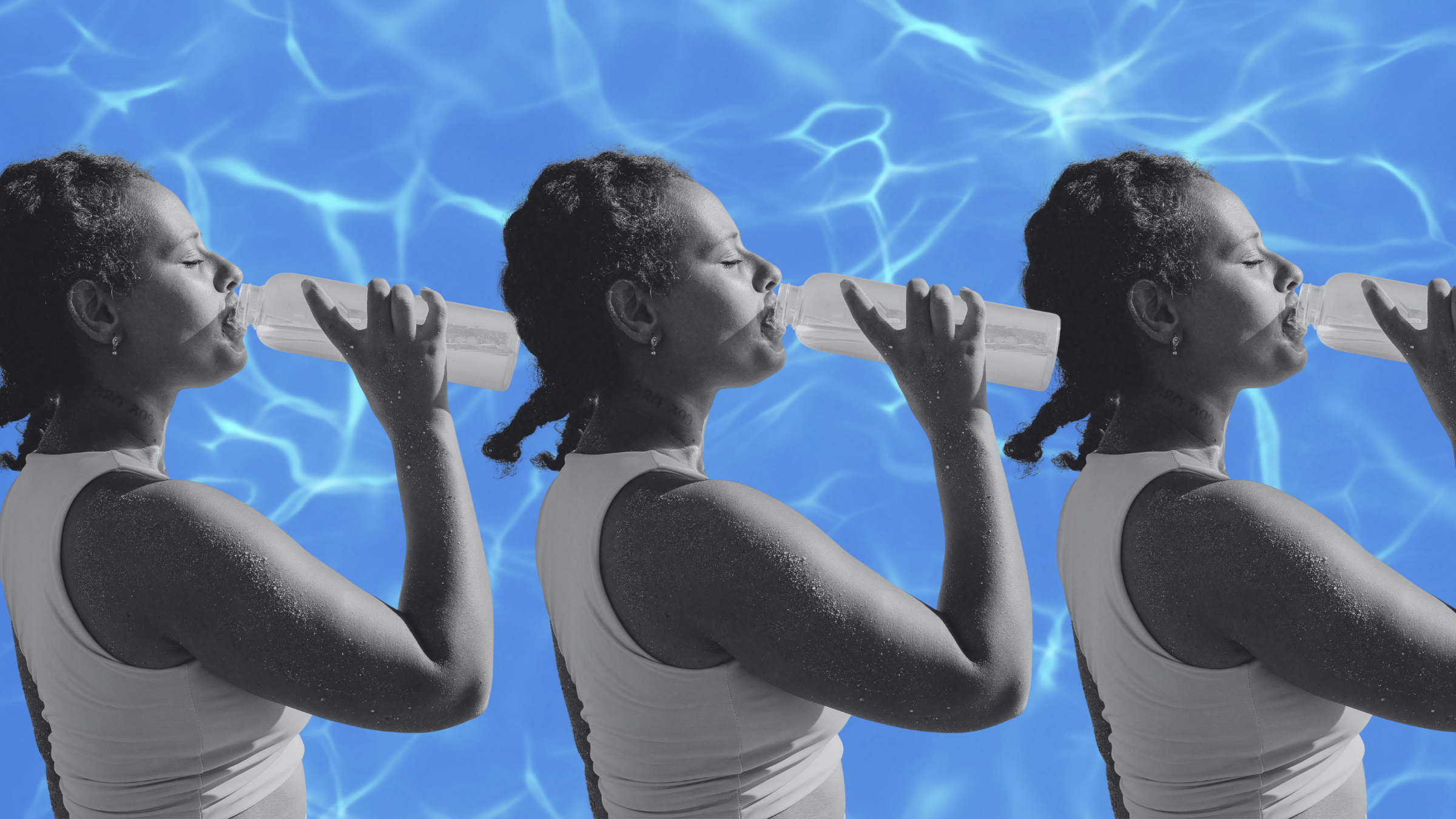 always thirsty woman drinking water on water background