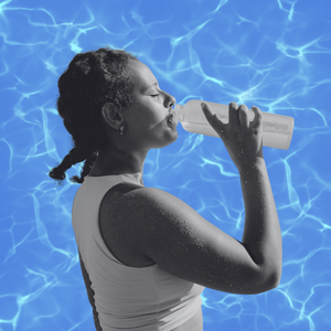always thirsty woman drinking water on water background