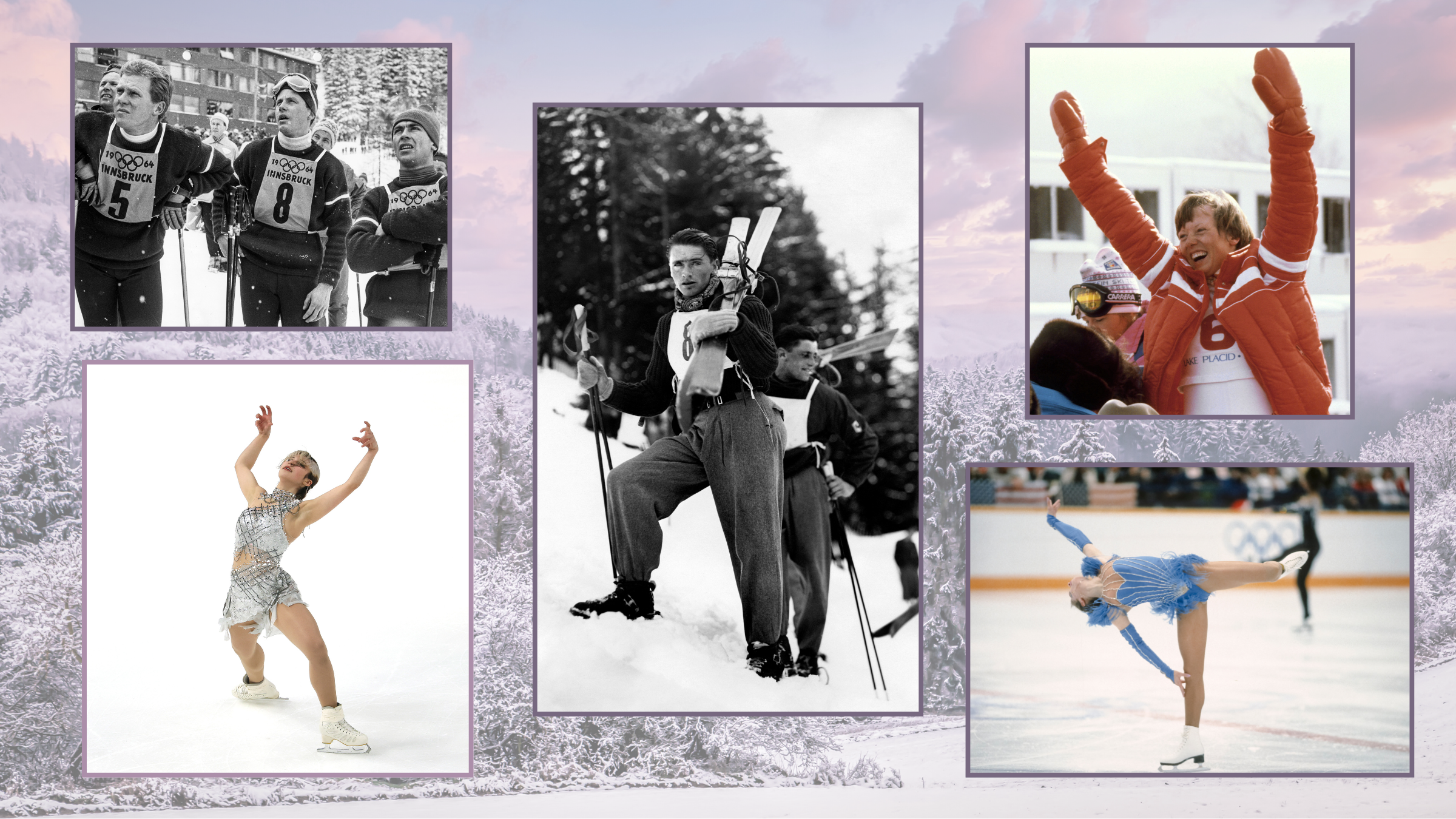 A collage of historical and modern winter athletes showcasing the evolution of winter olympics gear, featuring black-and-white photos of early skiers in wool sweaters and trousers alongside color images of modern figure skaters and celebratory Olympians in specialized athletic apparel.