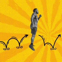 black and white photo of a man jumping 50 times in the morning on a stylized yellow background