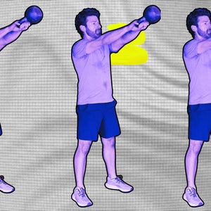 triple image with a purple overlay of a man doing a kettlebell swing as part of the best longevity workout plan