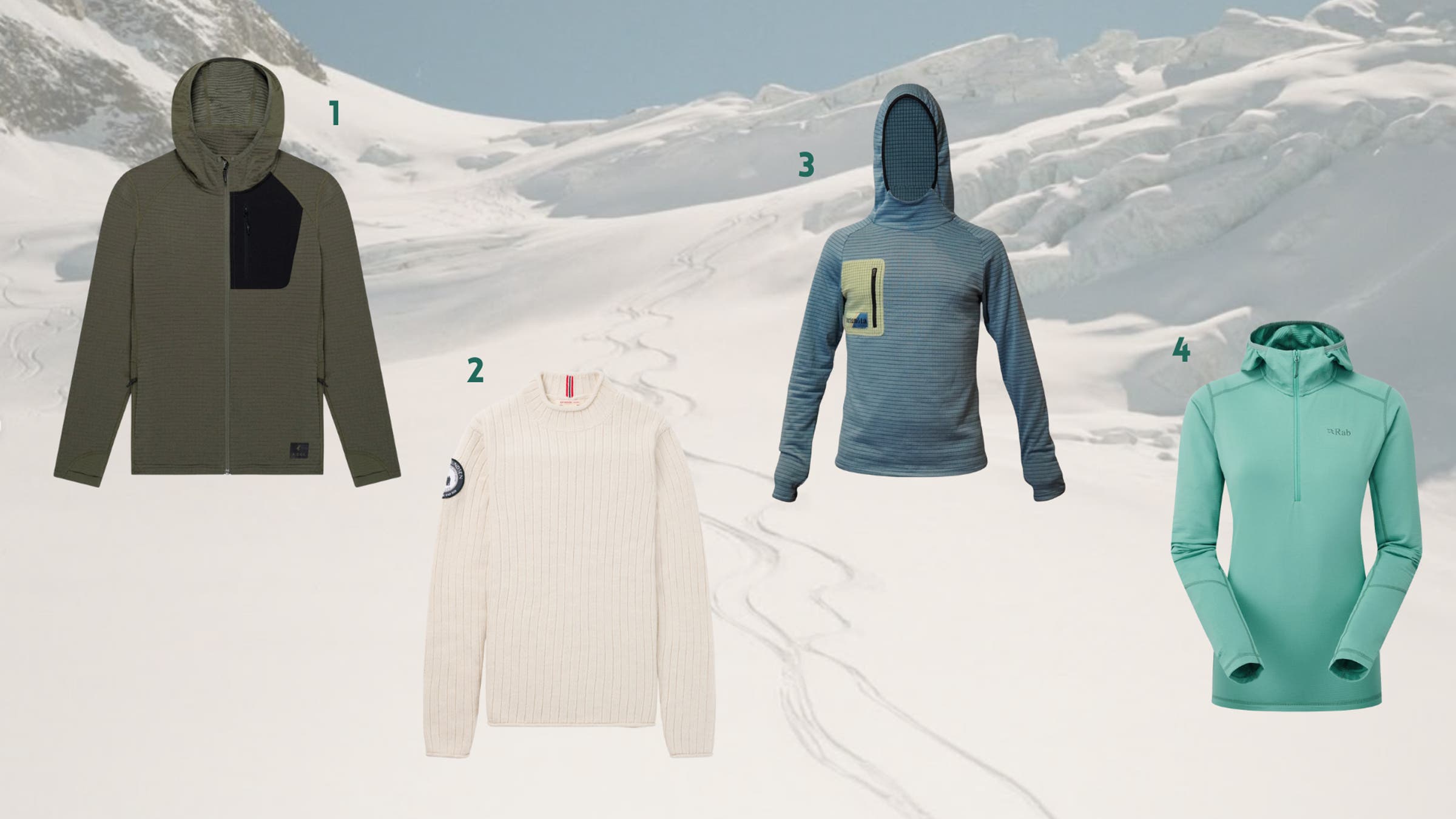 Collage of pregnancy ski gear midlayers including a hooded green fleece jacket, cream ribbed wool sweater, blue grid-pattern technical hoodie, and mint green quarter-zip base layer displayed against a snowy alpine glacier backdrop.