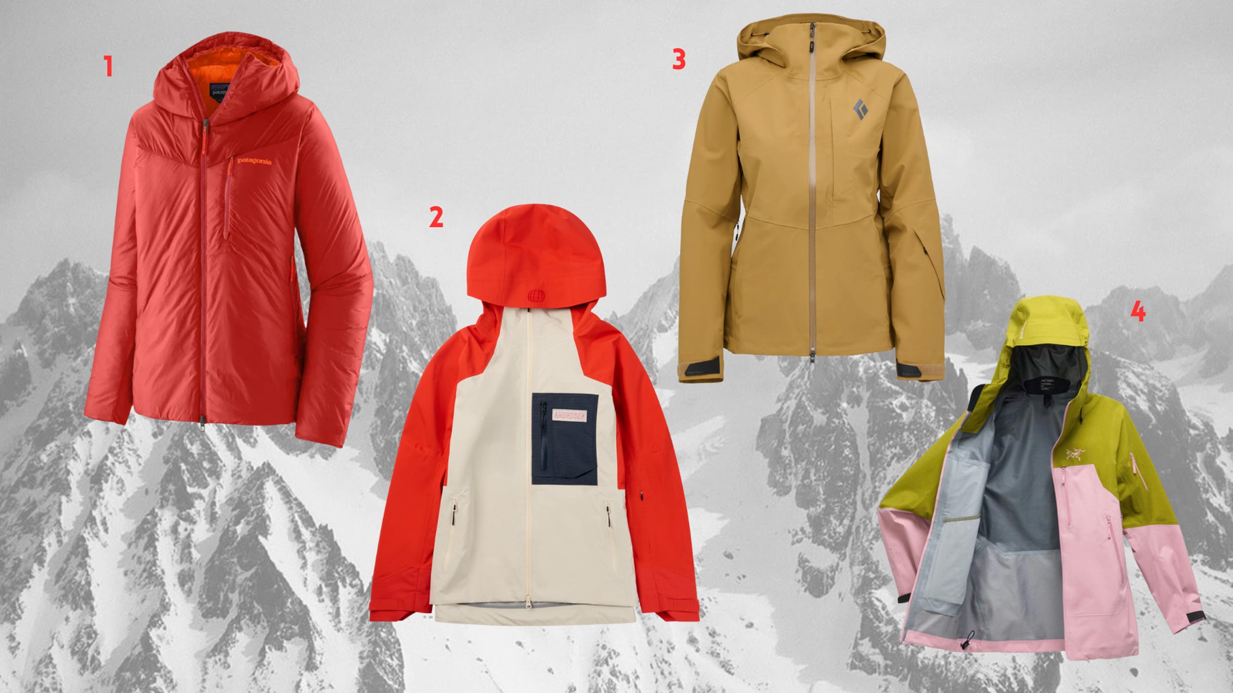 Collage of pregnancy ski gear outerwear including a red insulated hooded jacket, color-blocked ski shell, tan waterproof ski jacket, and green-and-pink technical snow jacket displayed against a dramatic alpine mountain backdrop.