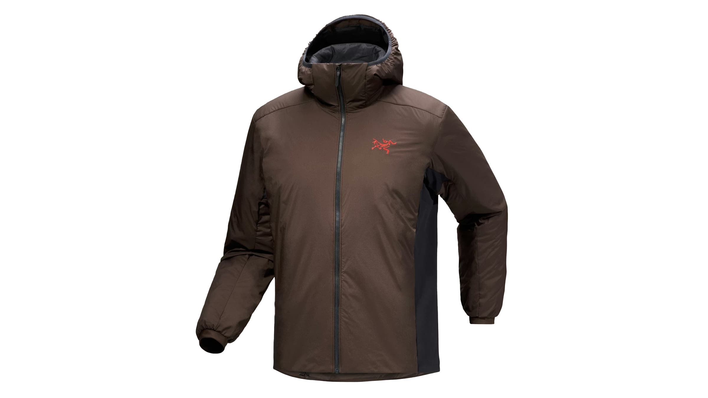 Arc'teryx Atom hooded jacket brown and black on white background.